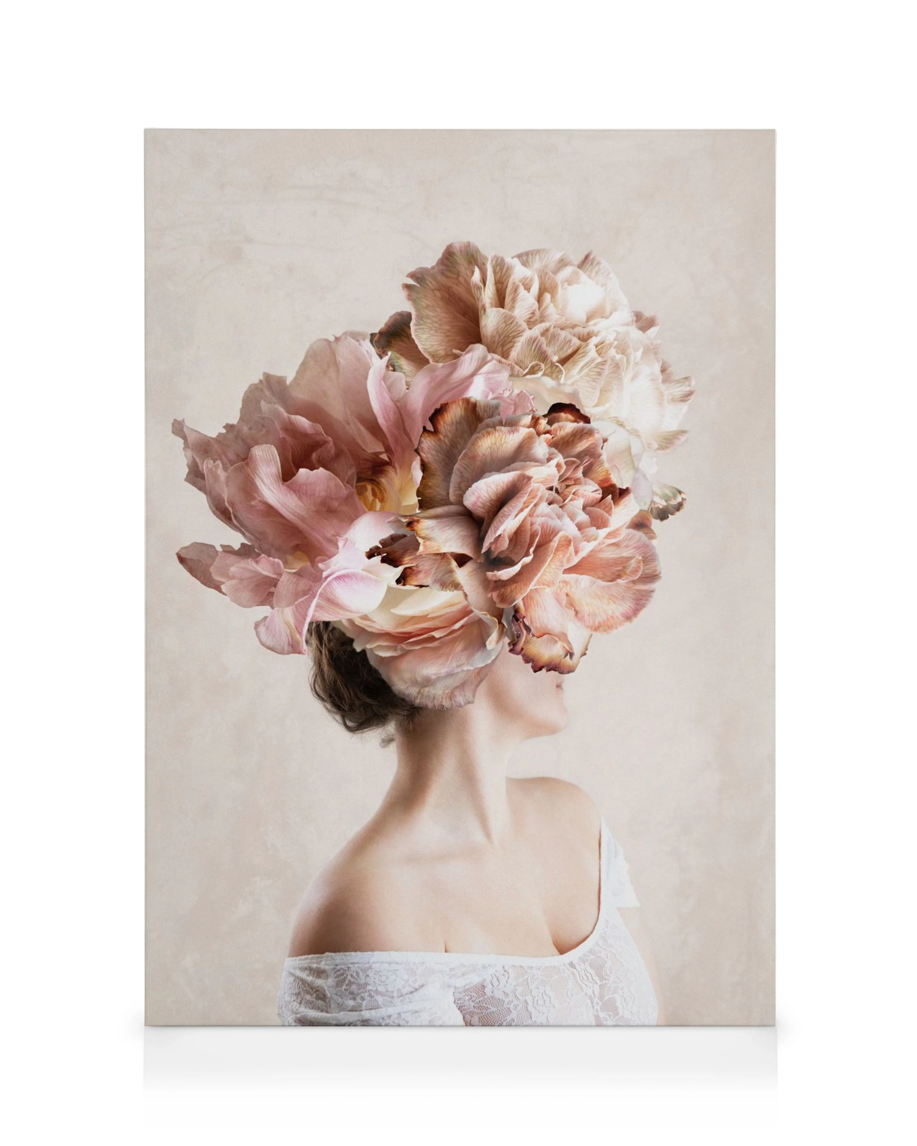 Flower Lady No2 canvas print with a womans head covered by large, soft pink and peach floral blooms.