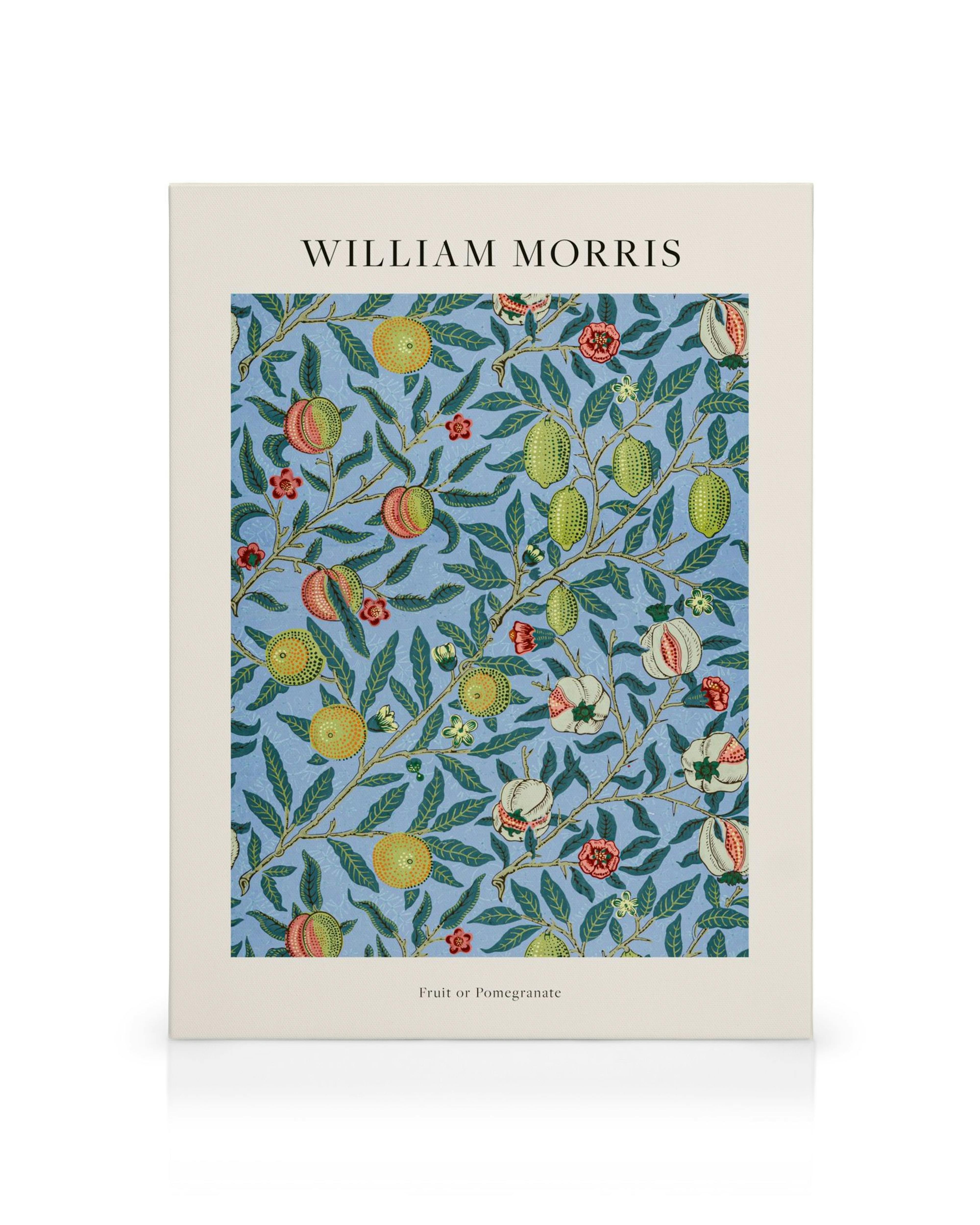 William Morris Fruit or Pomegranate canvas art, featuring a blue background with a pattern of stylized fruits and foliage.