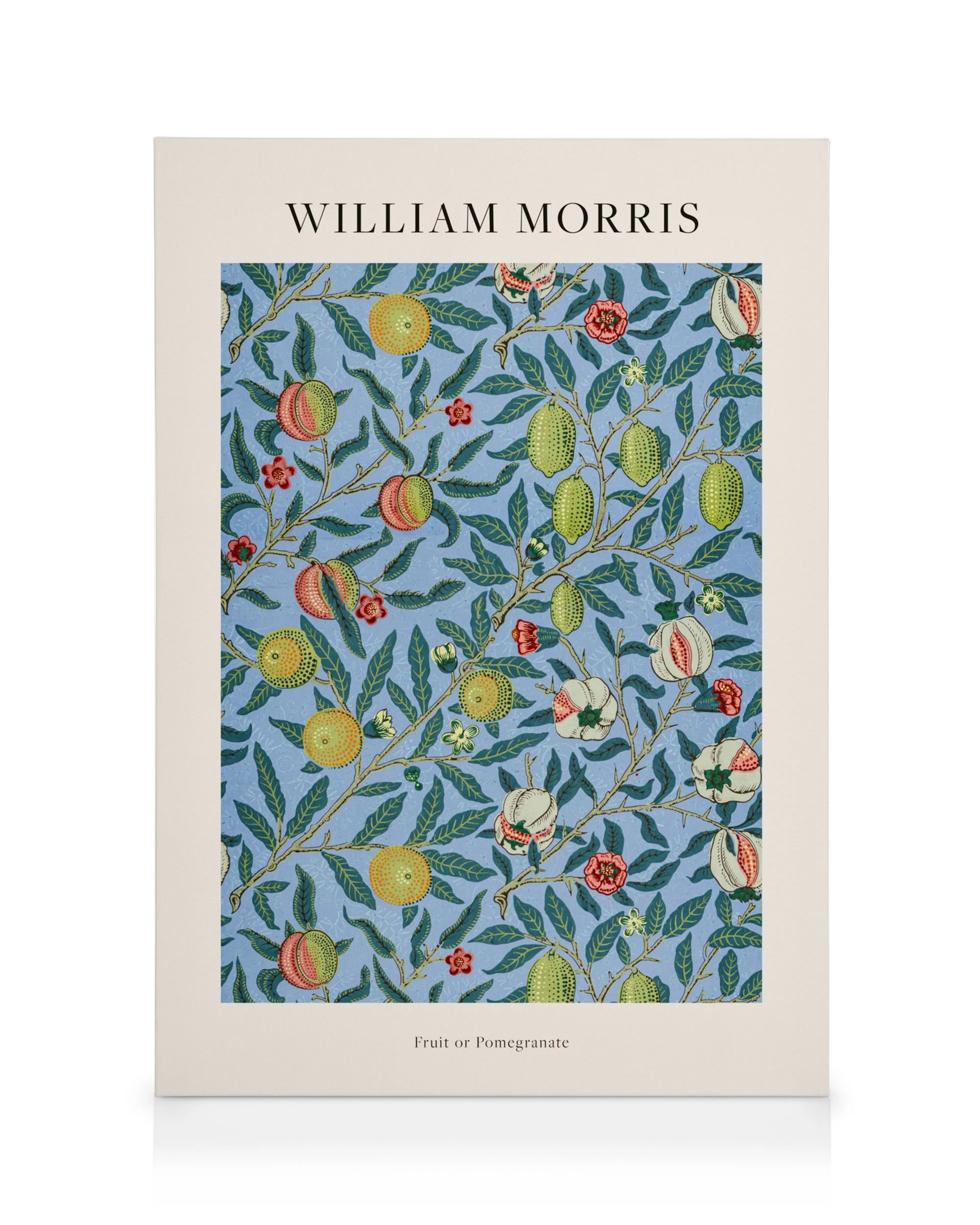 Toile William Morris Fruit or Pomegranate, motif de feuilles vertes et fruits sur fond bleu