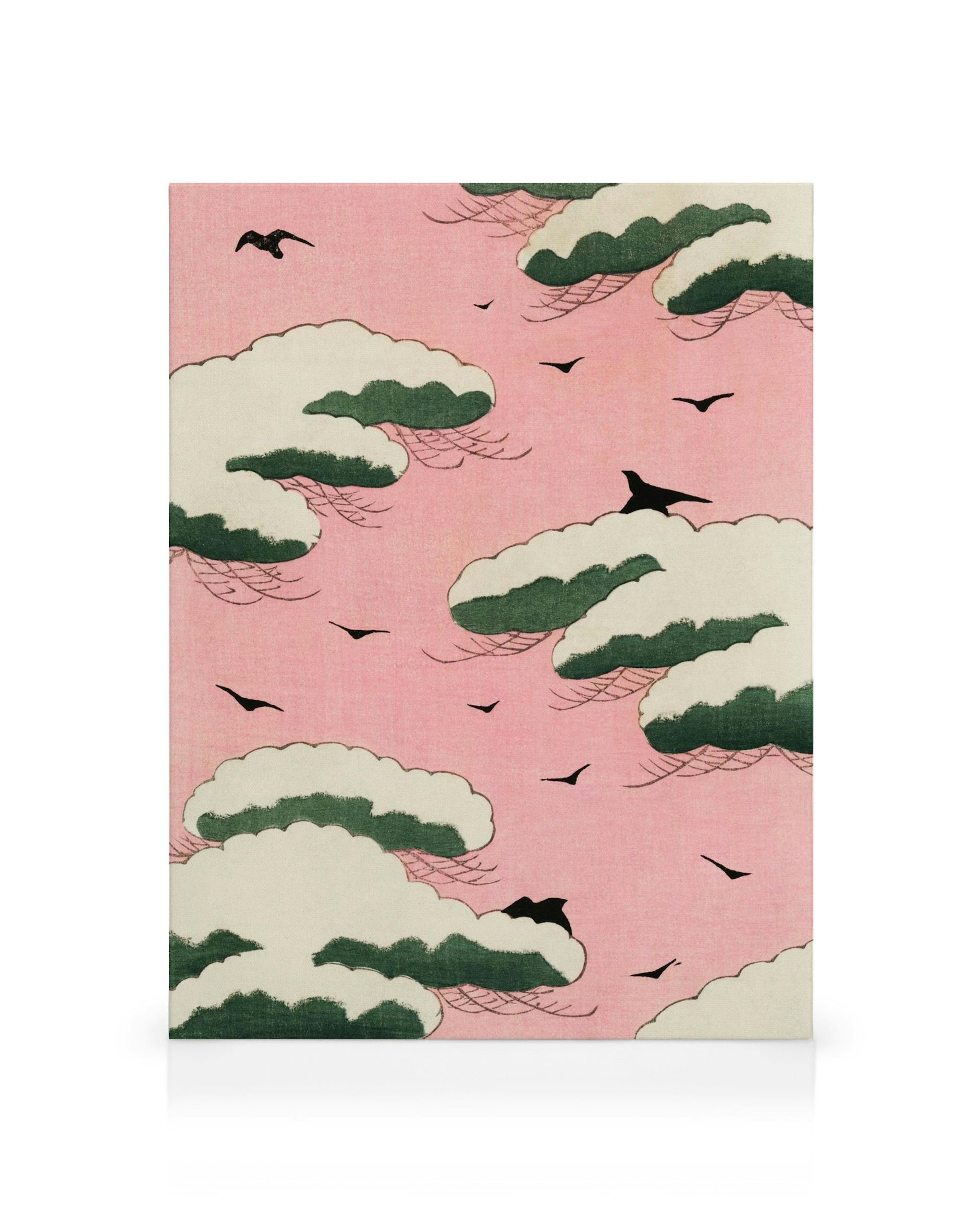 Lienzo de Watanabe Seitei: cielo rosa con nubes blancas y verdes, pájaros negros volando, estilo artístico plano.