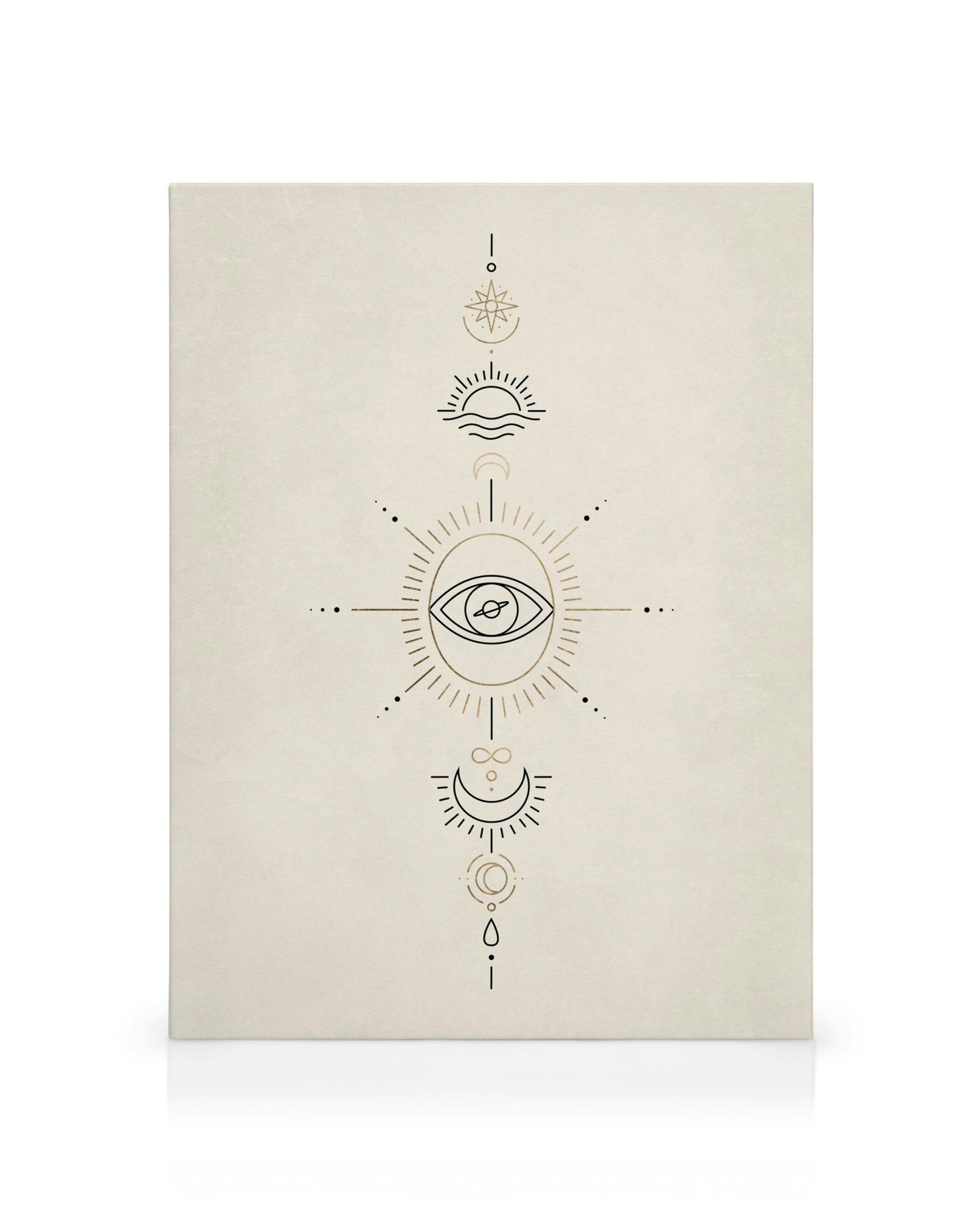 Canvastavla med minimalistiska svarta och guldsymboler: stjärna, sol, öga, leende och cirklar på beige bakgrund.