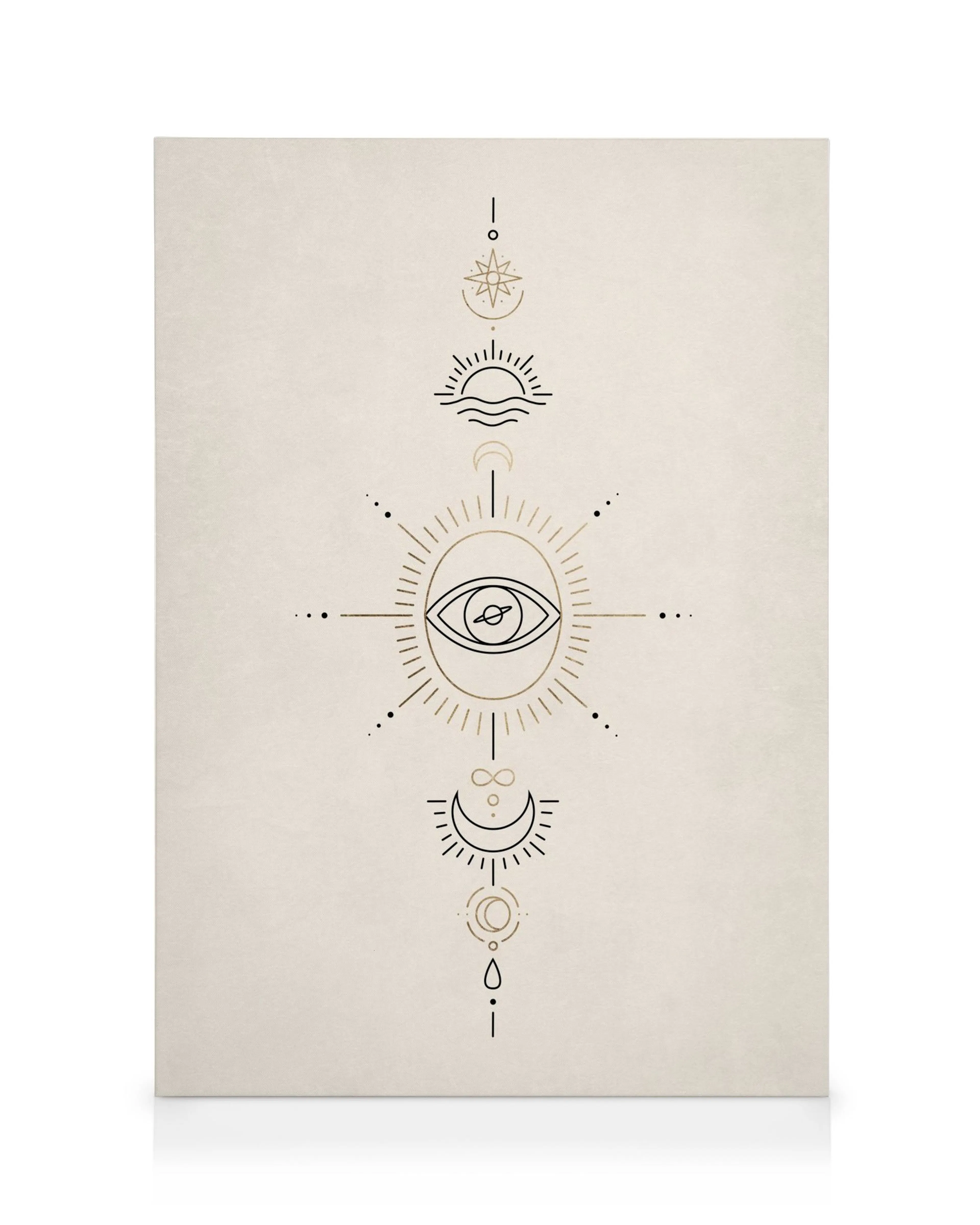 Canvastavla med minimalistiska svarta och guldsymboler: stjärna, sol, öga, leende och cirklar på beige bakgrund.