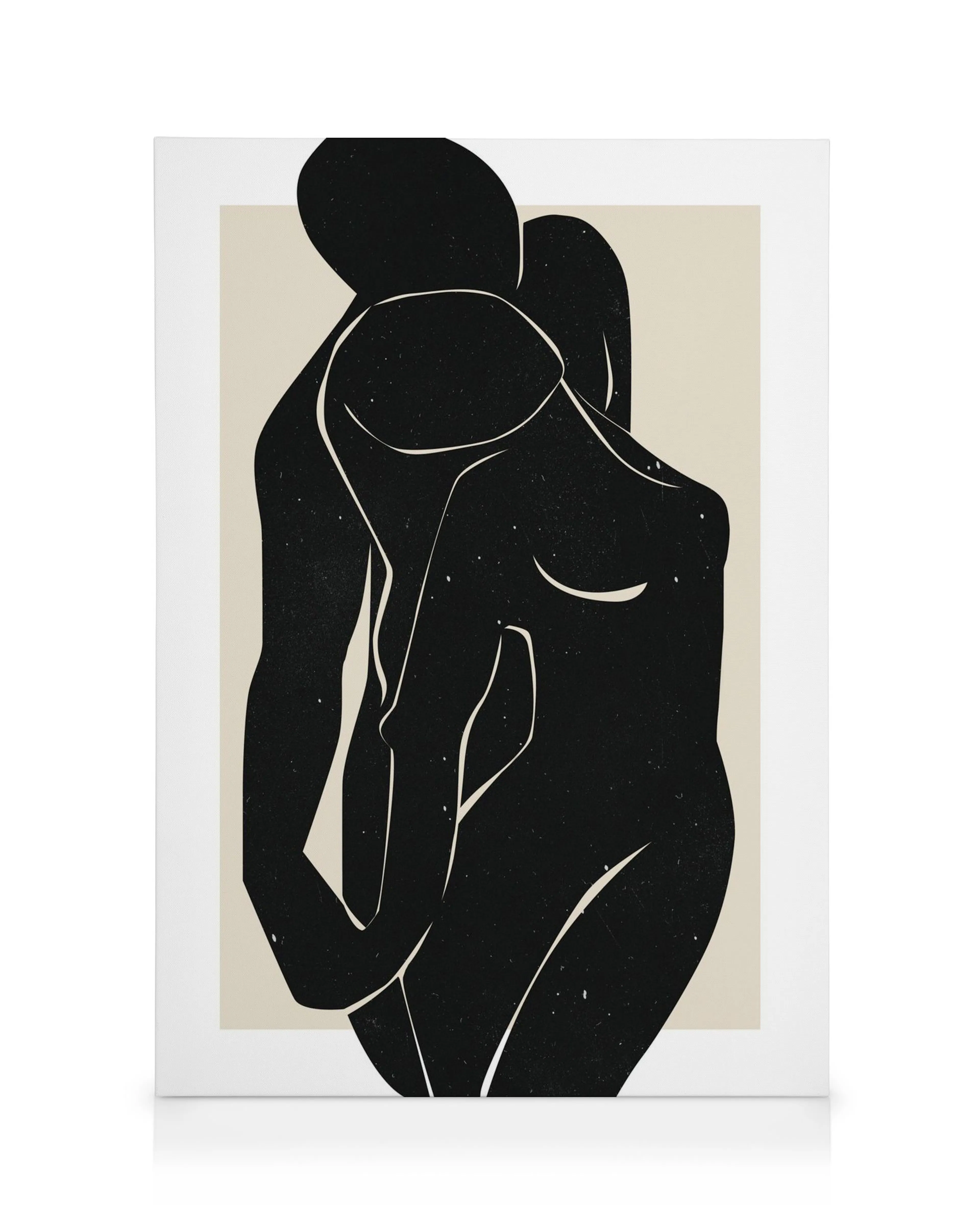 Abstract black silhouette of two embracing figures on a beige background with white outline accents, modern wall art.