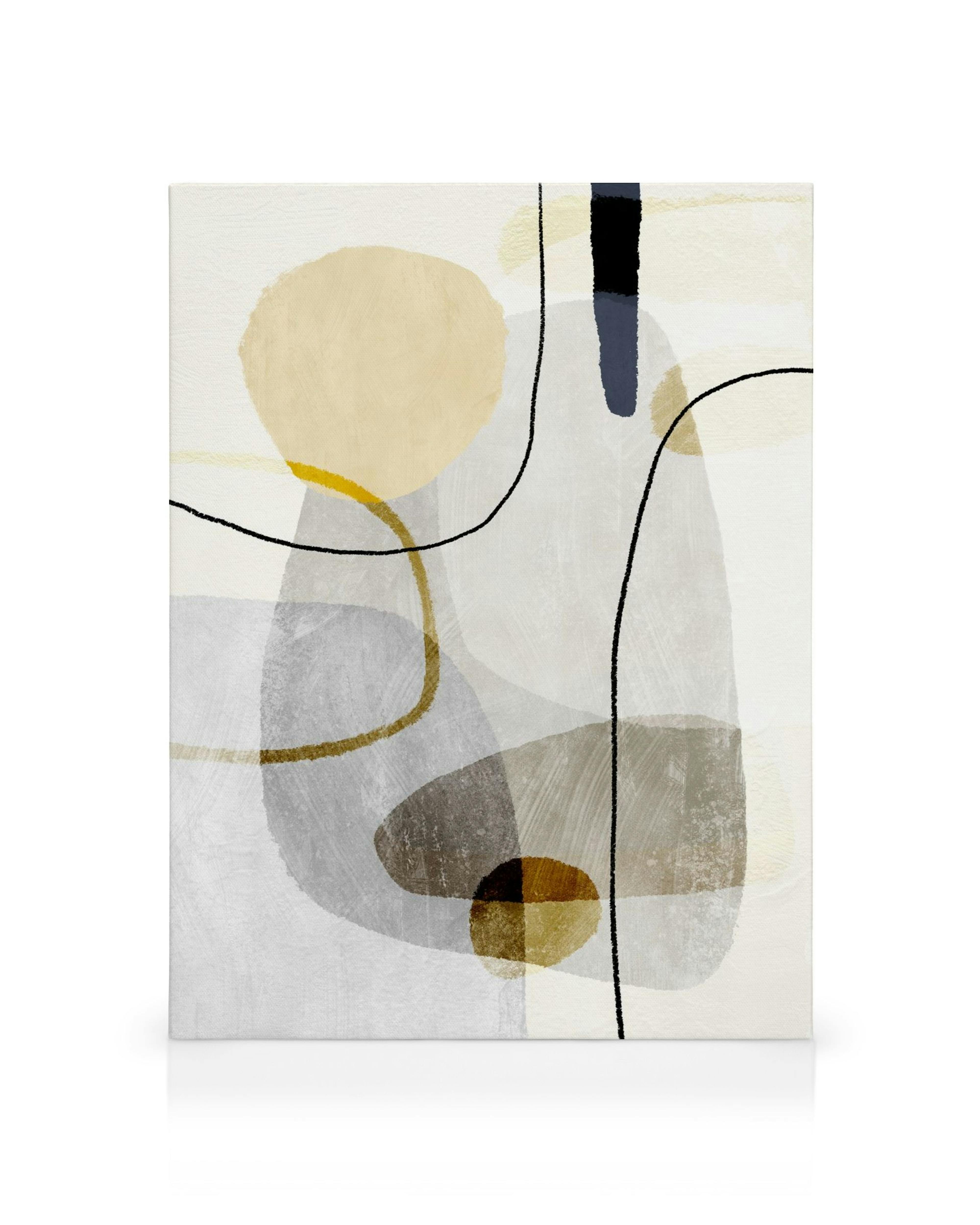 Abstraktes Leinwandbild mit gelben, grauen Farbfeldern, schwarzen Linien und organischen Formen, modernes Design.