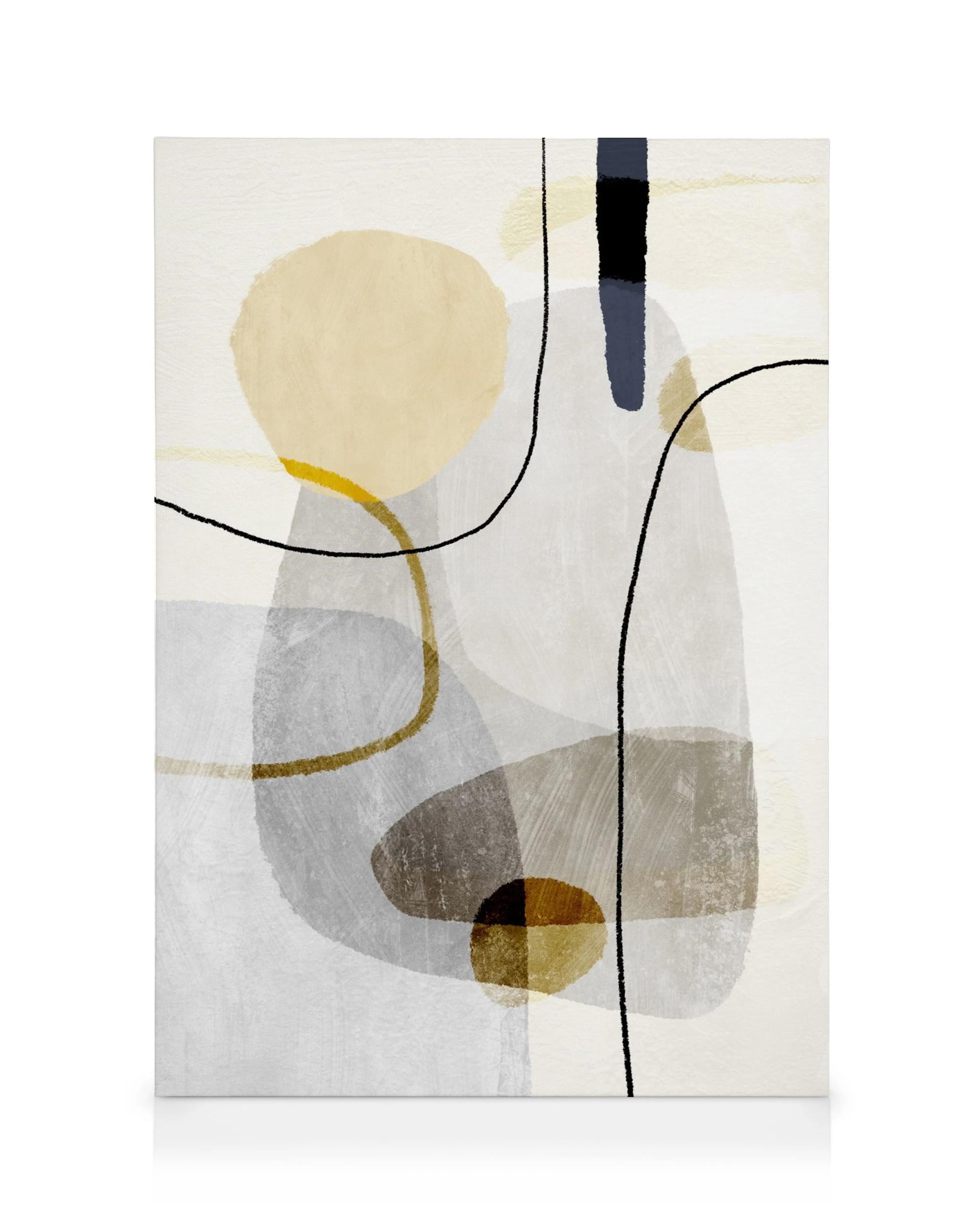 Toile abstraite avec formes géométriques superposées en beige, gris, noir et jaune. Lignes courbes et droites noires traversant 