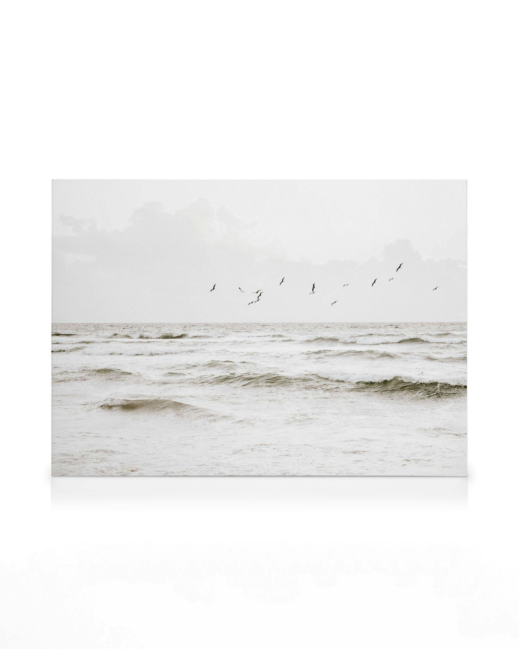 Toile de mer avec des vagues douces et des oiseaux volant, tons de gris, blanc et bleu pâle, typographie sereine