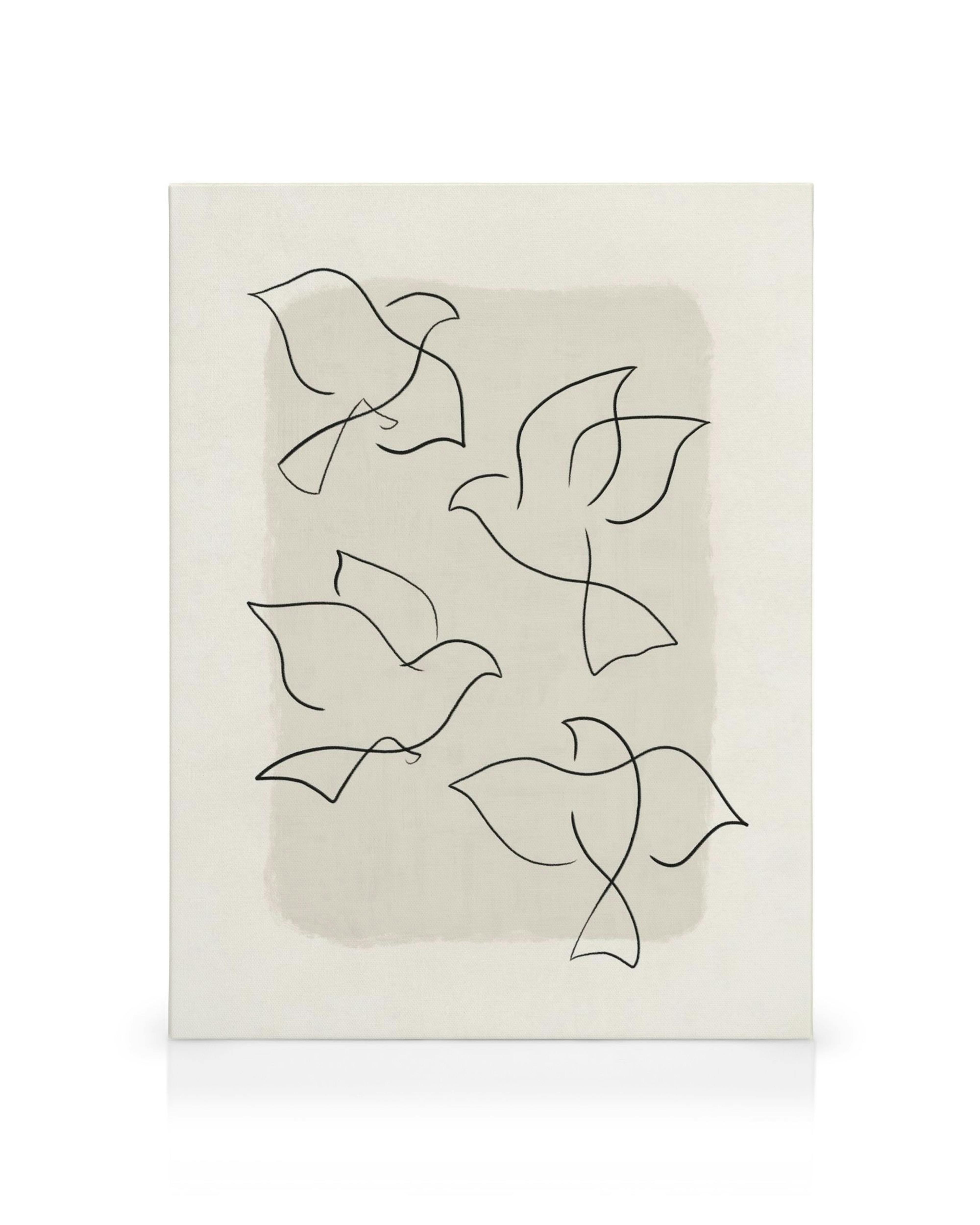 Line Art Birds -kanvaasi, jossa on viisi mustaa, tyyliteltyä lintukuvaa beigellä taustalla. Abstraktit lintuhahmot luovat modern