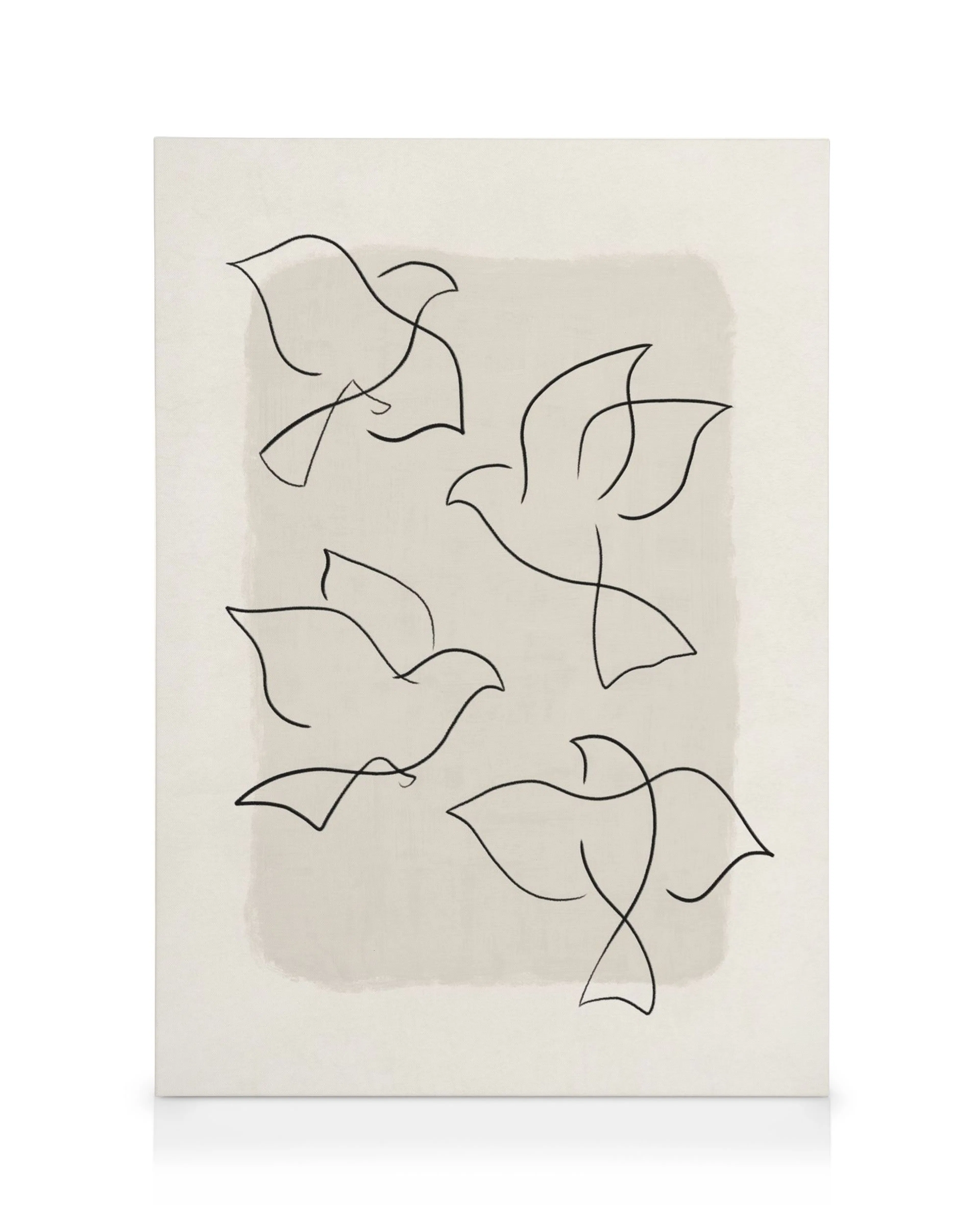 Leinwandbild mit Line Art Vögeln, minimalistische schwarze Konturen von vier fliegenden Vögeln auf beigefarbenem Hintergrund.