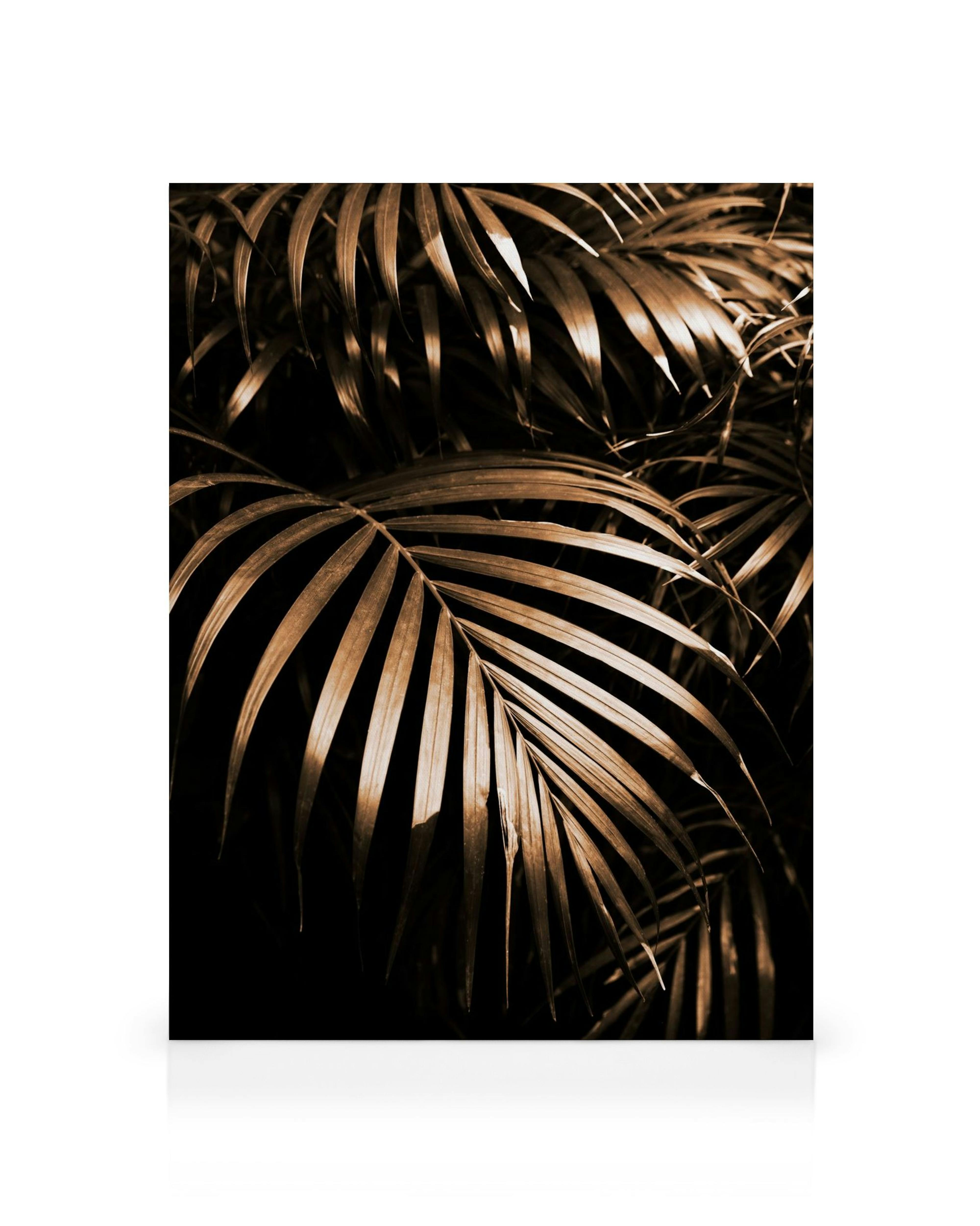 Golden botanic canvas print of overlapping dark palm leaves with shimmering brown and black, golden highlights
