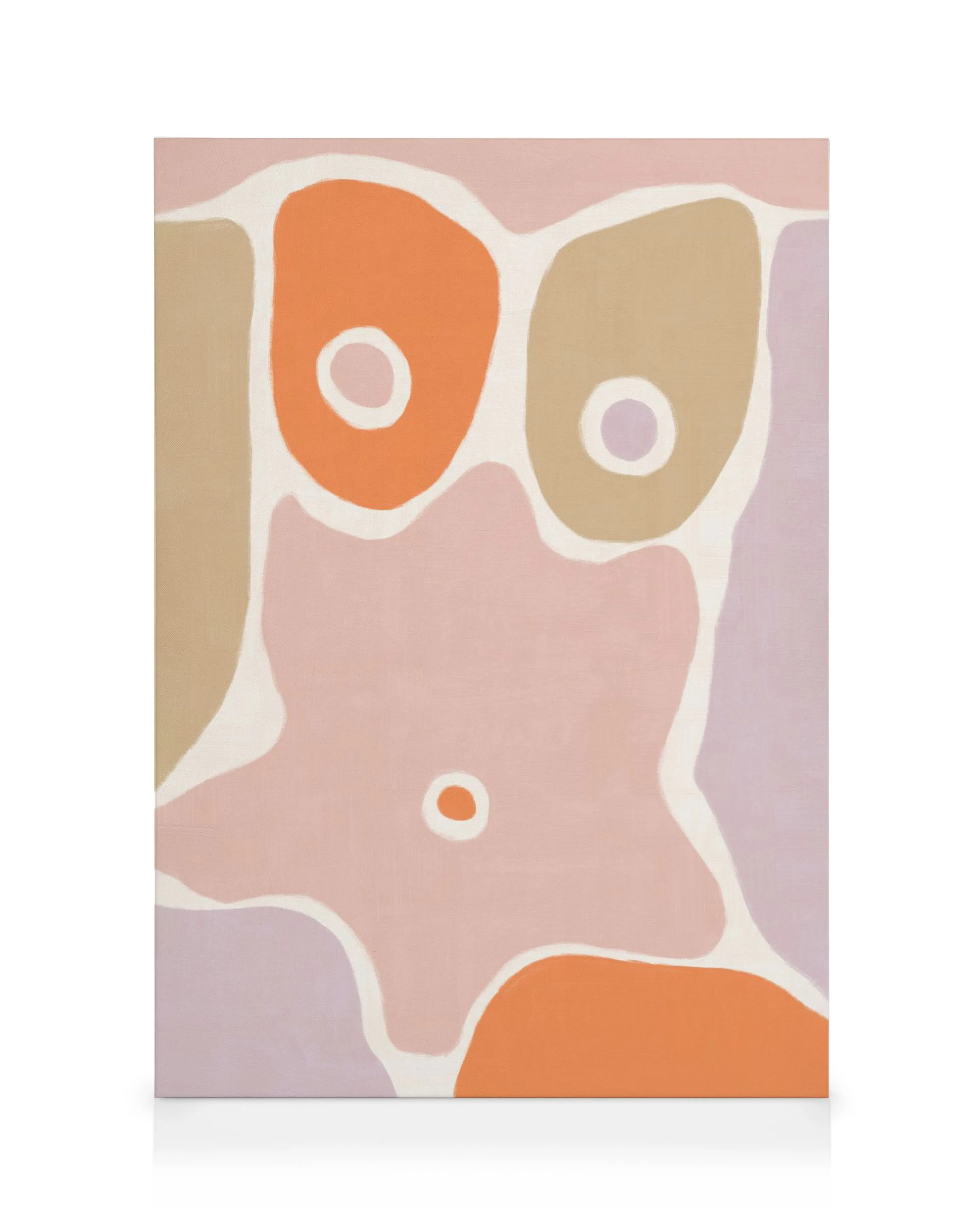 Lienzo abstracto con formas orgánicas en rosa, naranja, marrón y lila, delineadas en blanco, sobre un fondo rosa claro.
