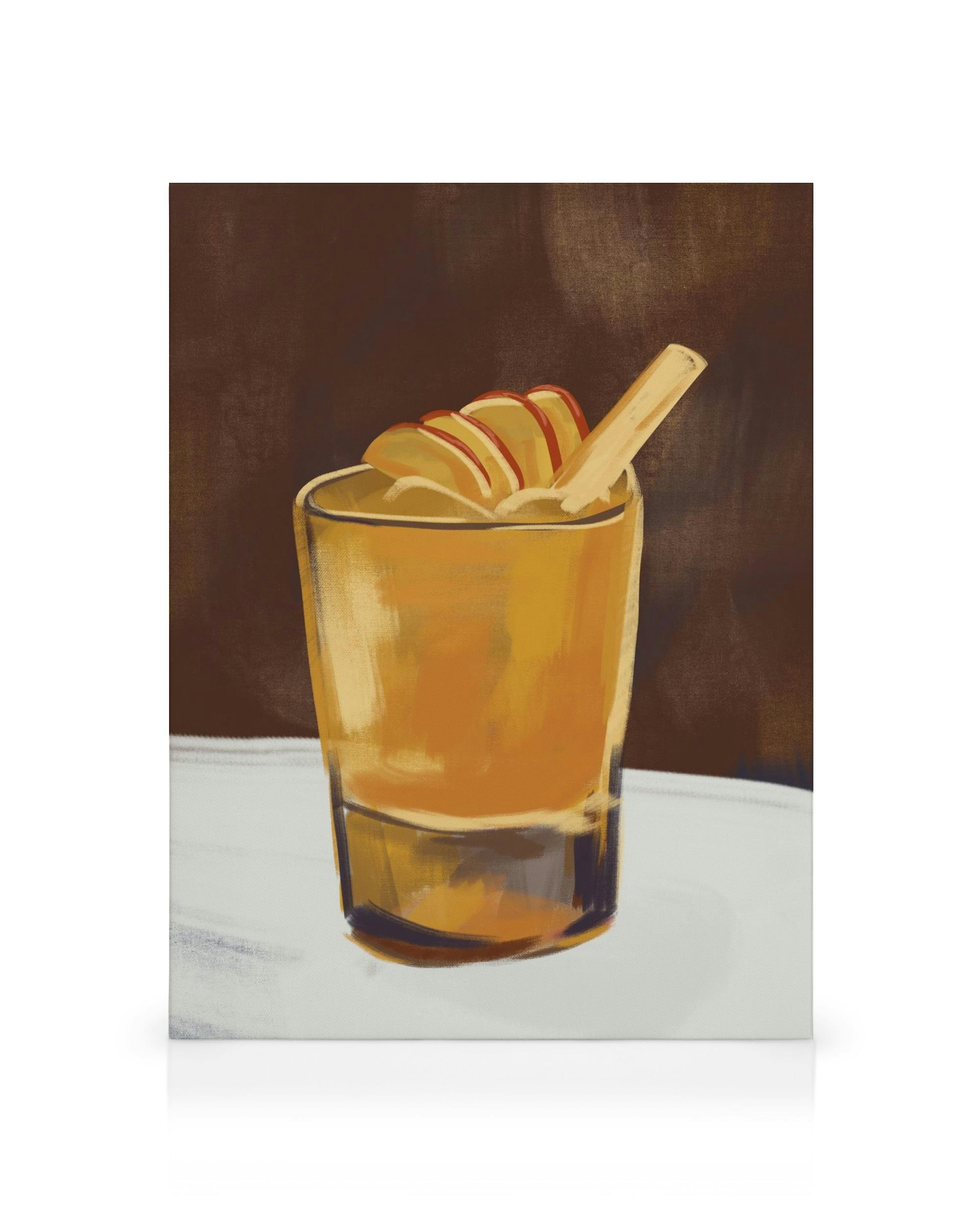 Toile représentant un verre de cocktail punch doré avec des tranches de fruits et un bâtonnet en bois sur fond marron.