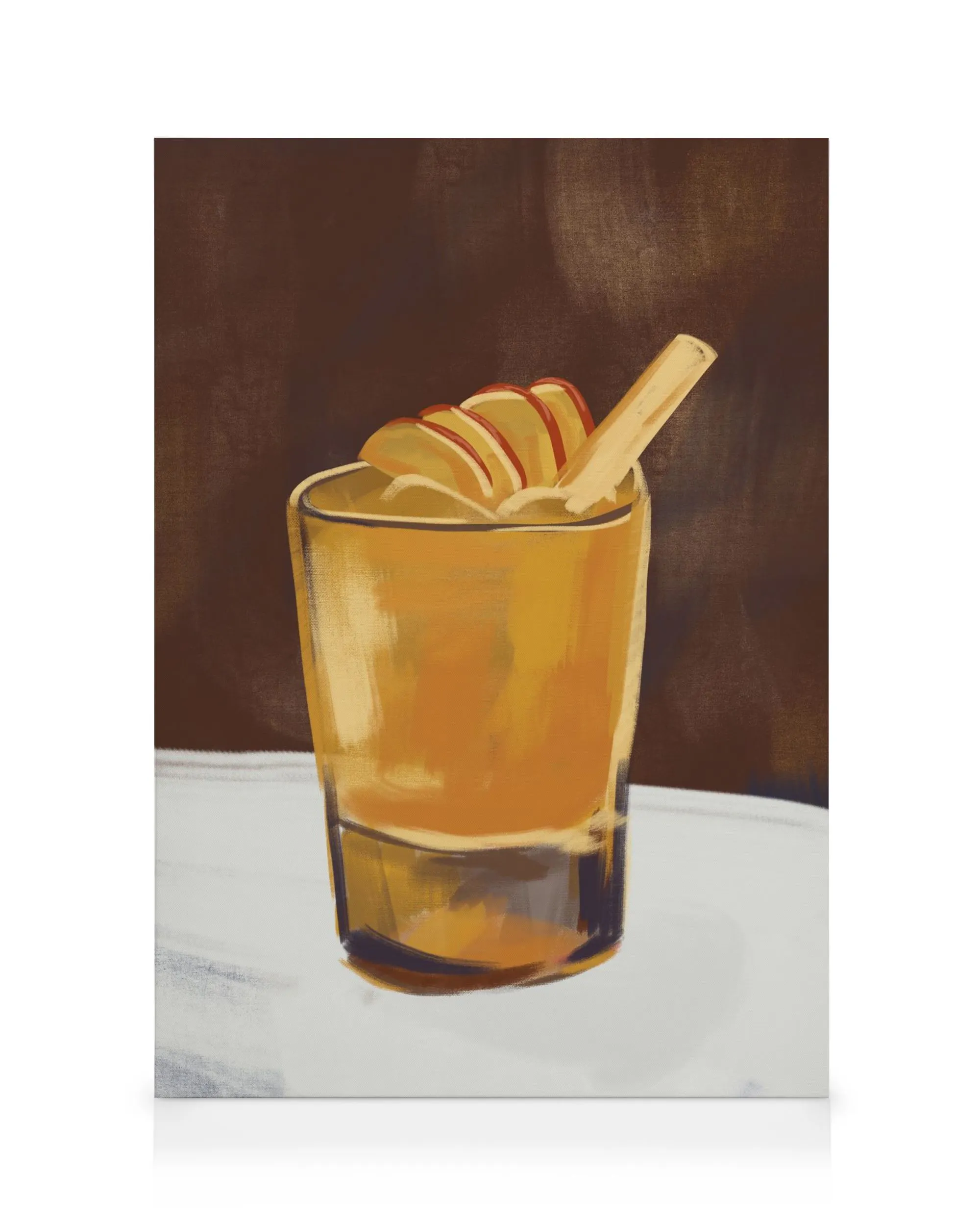 Still life canvas print of a golden cocktail with apple and cinnamon stick on a white surface with a dark background.