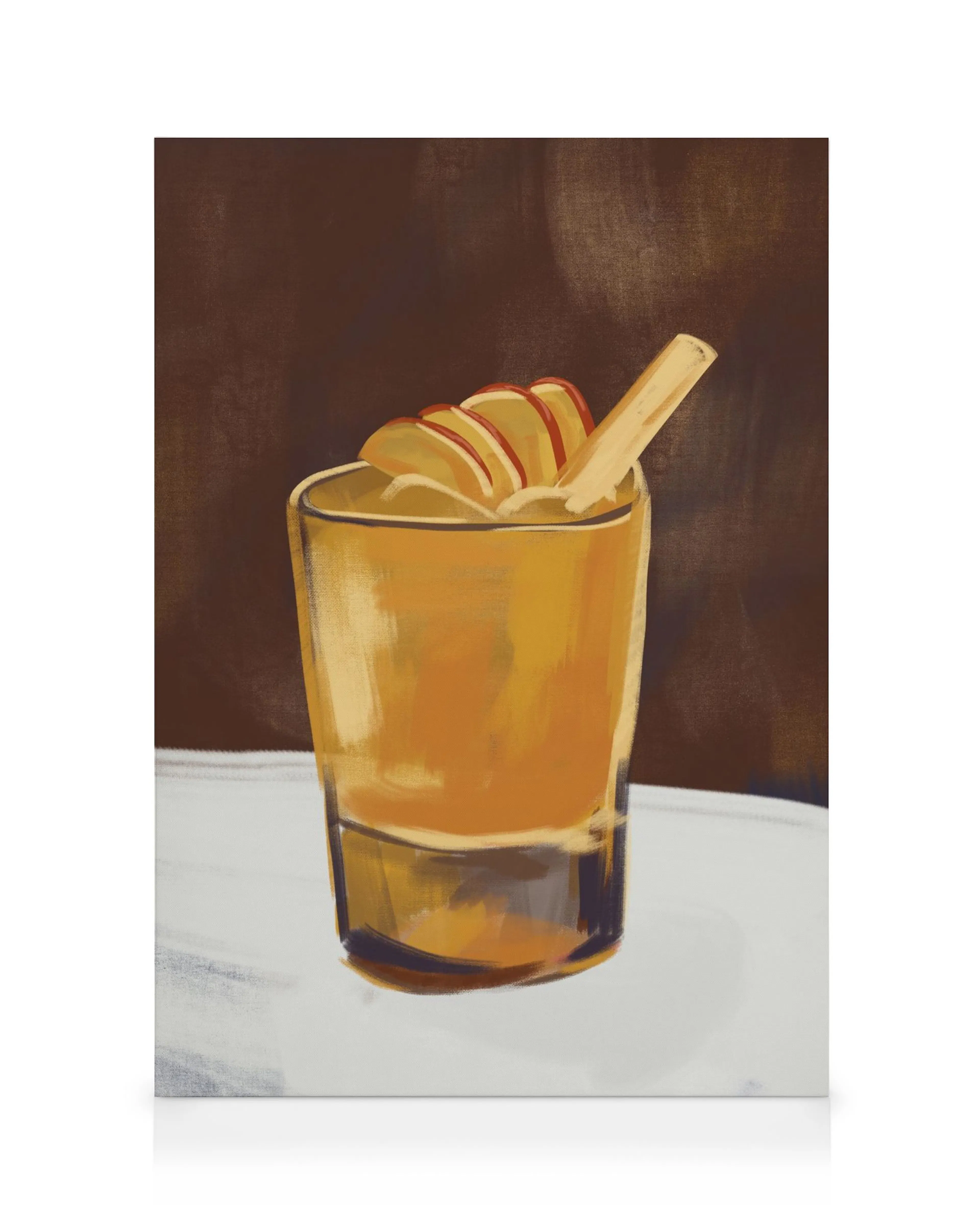 Still life canvas print of a golden cocktail with apple and cinnamon stick on a white surface with a dark background.