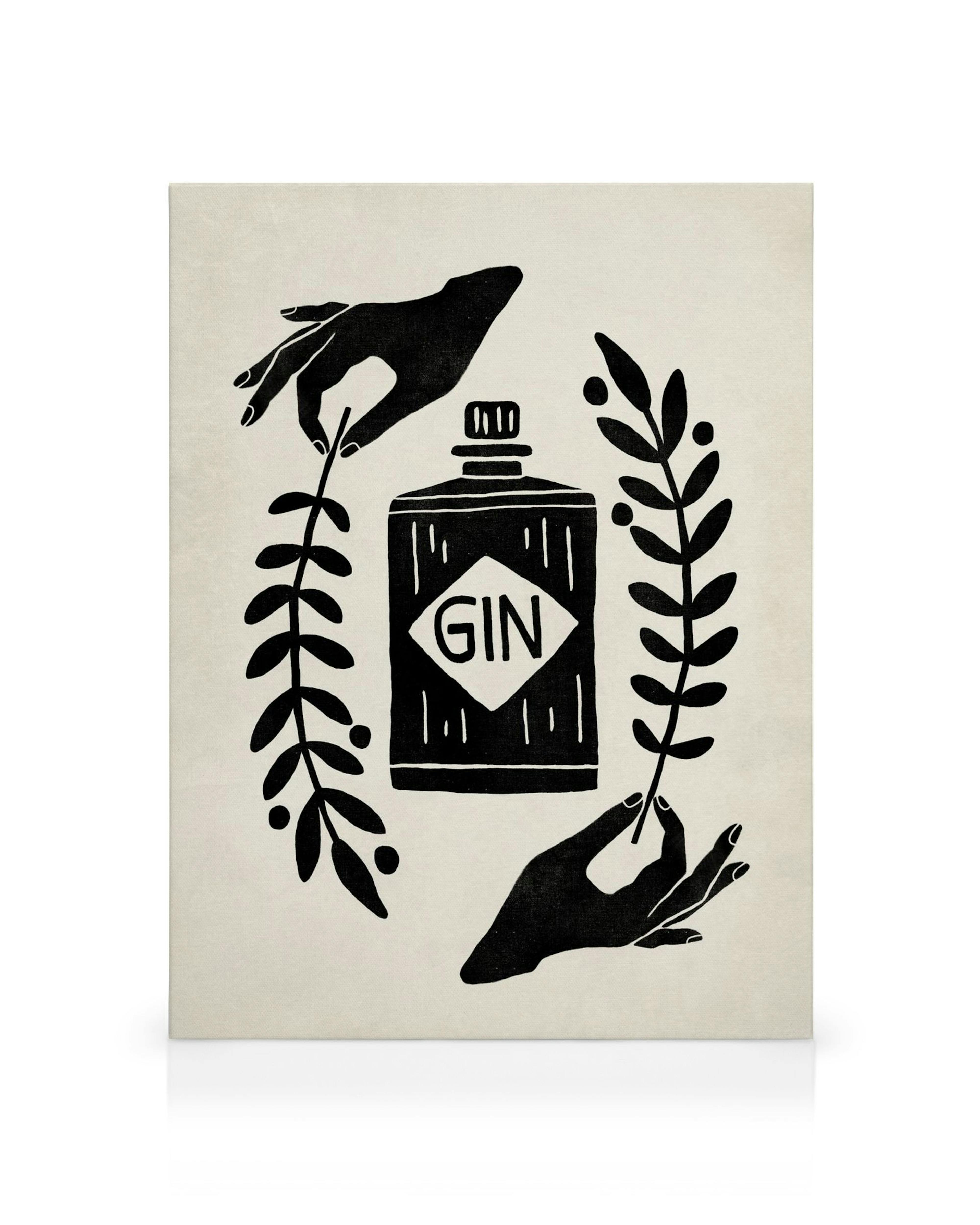 Lærred med en stiliseret ginflaske omgivet af sorte hænder og botaniske grene, der skaber et unikt, moderne design.
