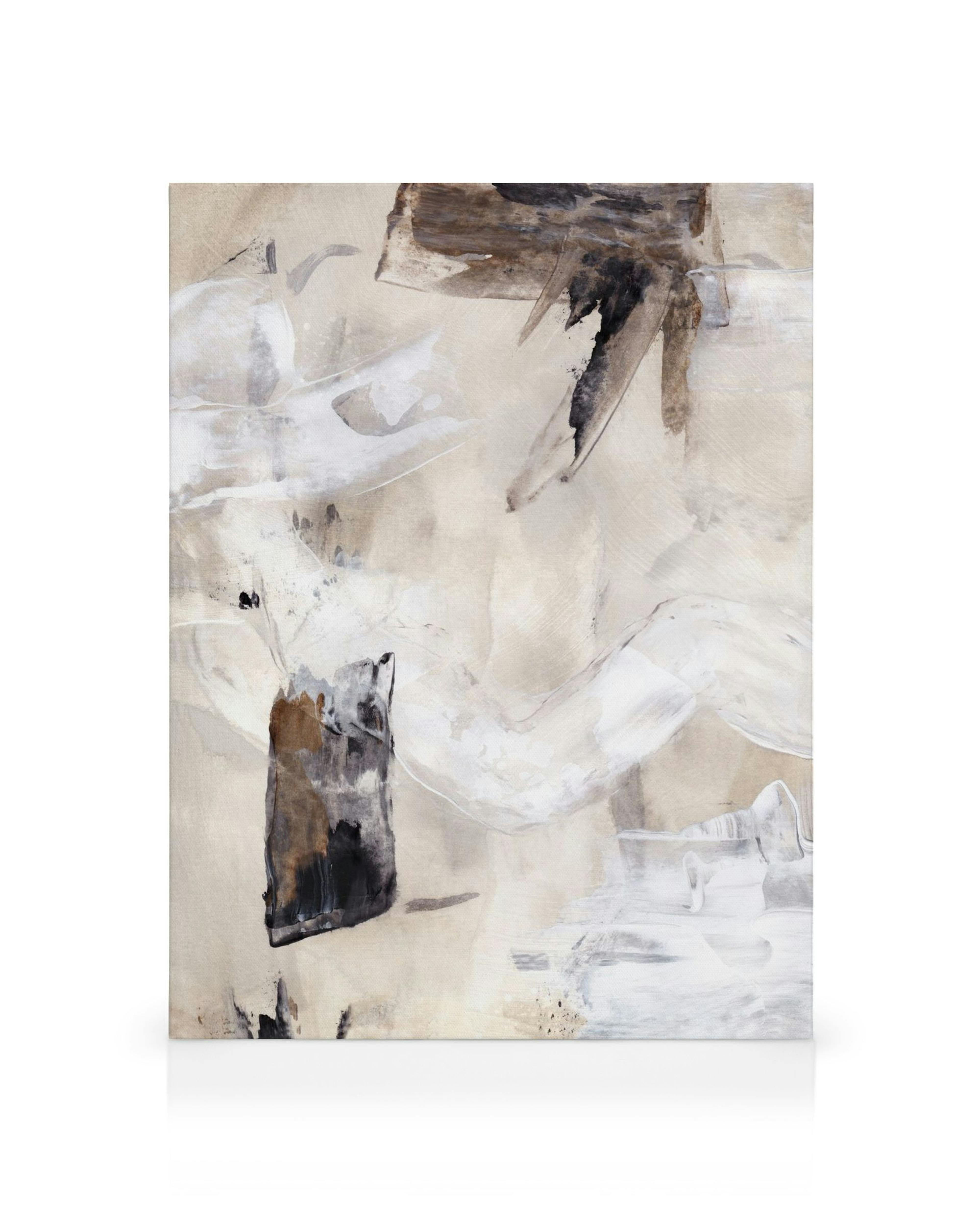 Toile abstraite beige avec de larges coups de pinceau marron, blanc et noir