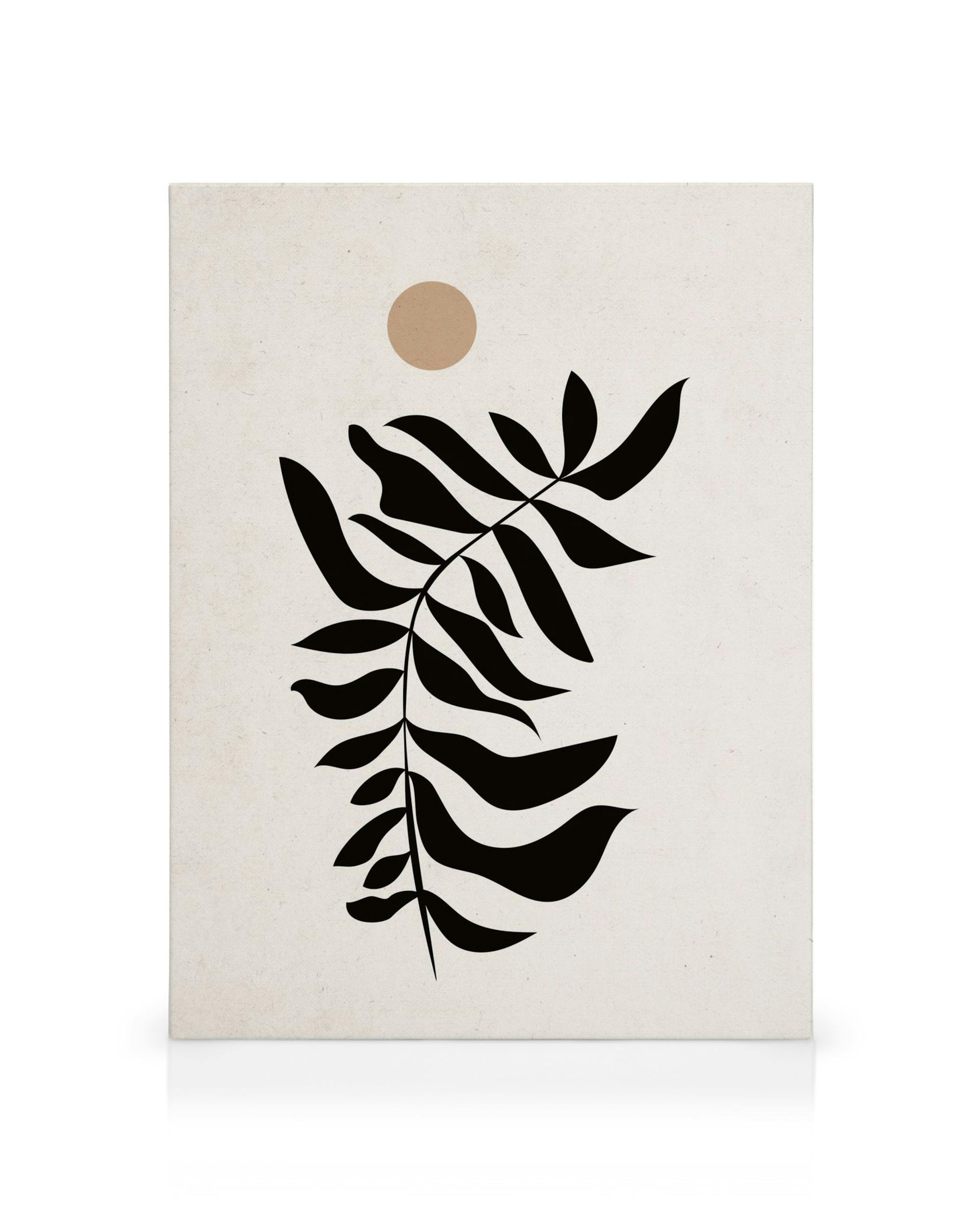 Leinwandbild mit schwarzem, stilisiertem Blatt und hellem Kreis auf beigem Hintergrund, minimalistischer Pflanzendruck.
