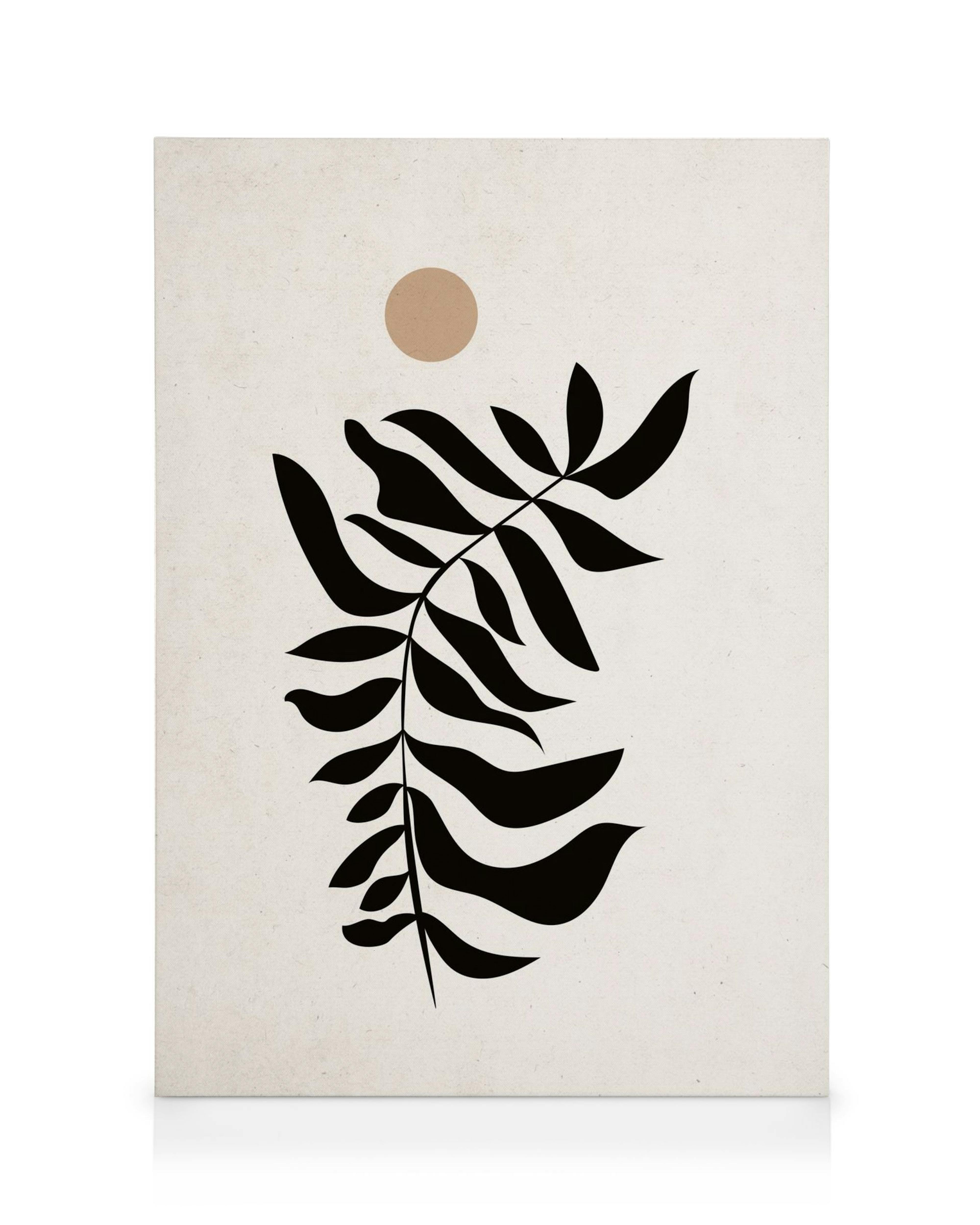 Musta lehti kanvaasi, jossa on tyylitelty musta kasvin oksa vaalealla pohjalla ja beigen värinen aurinko.