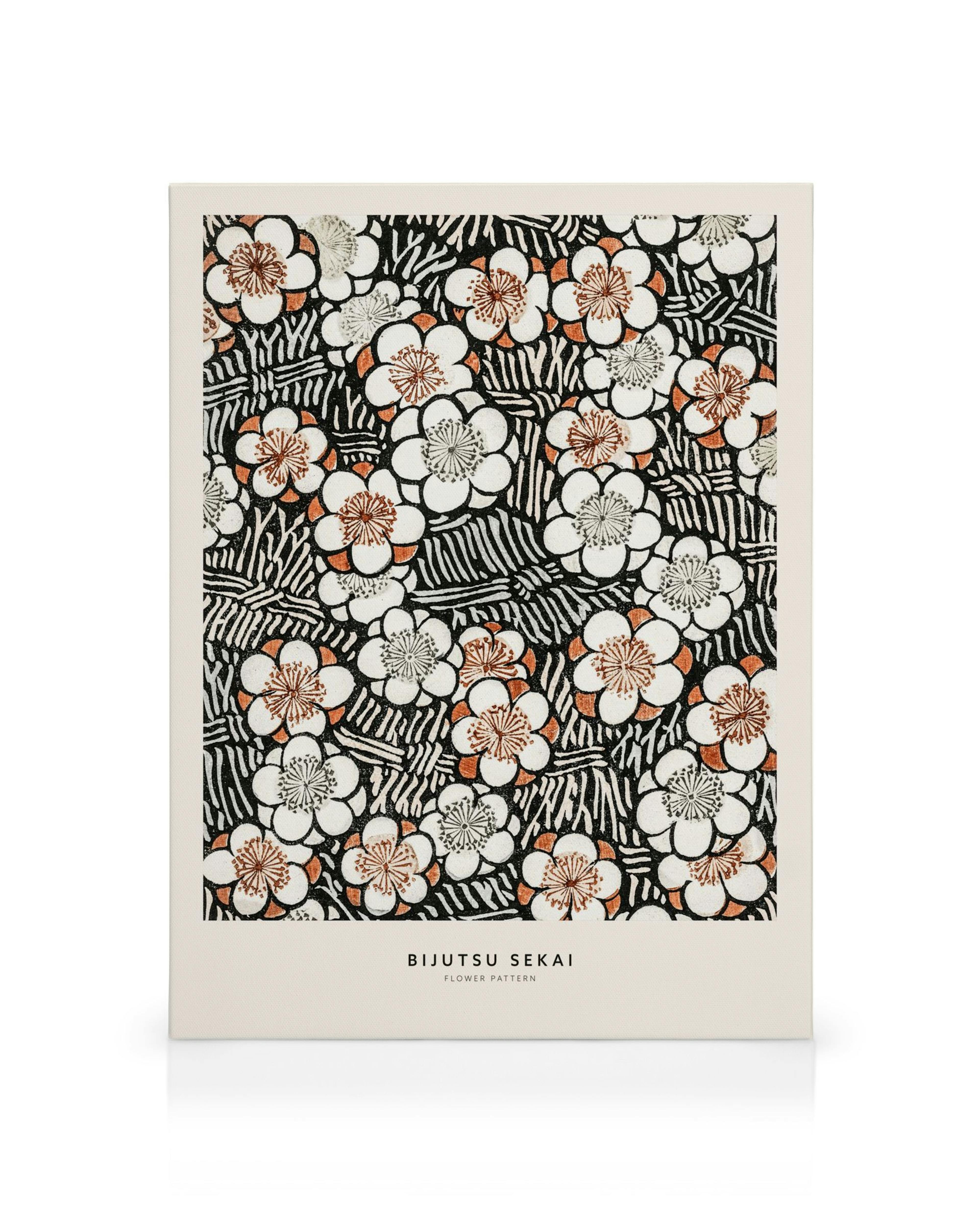 Watanabe Seitei Blumenmuster Leinwand, weisse Blüten mit braunen und grauen Details auf schwarzem Hintergrund mit feinen weissen