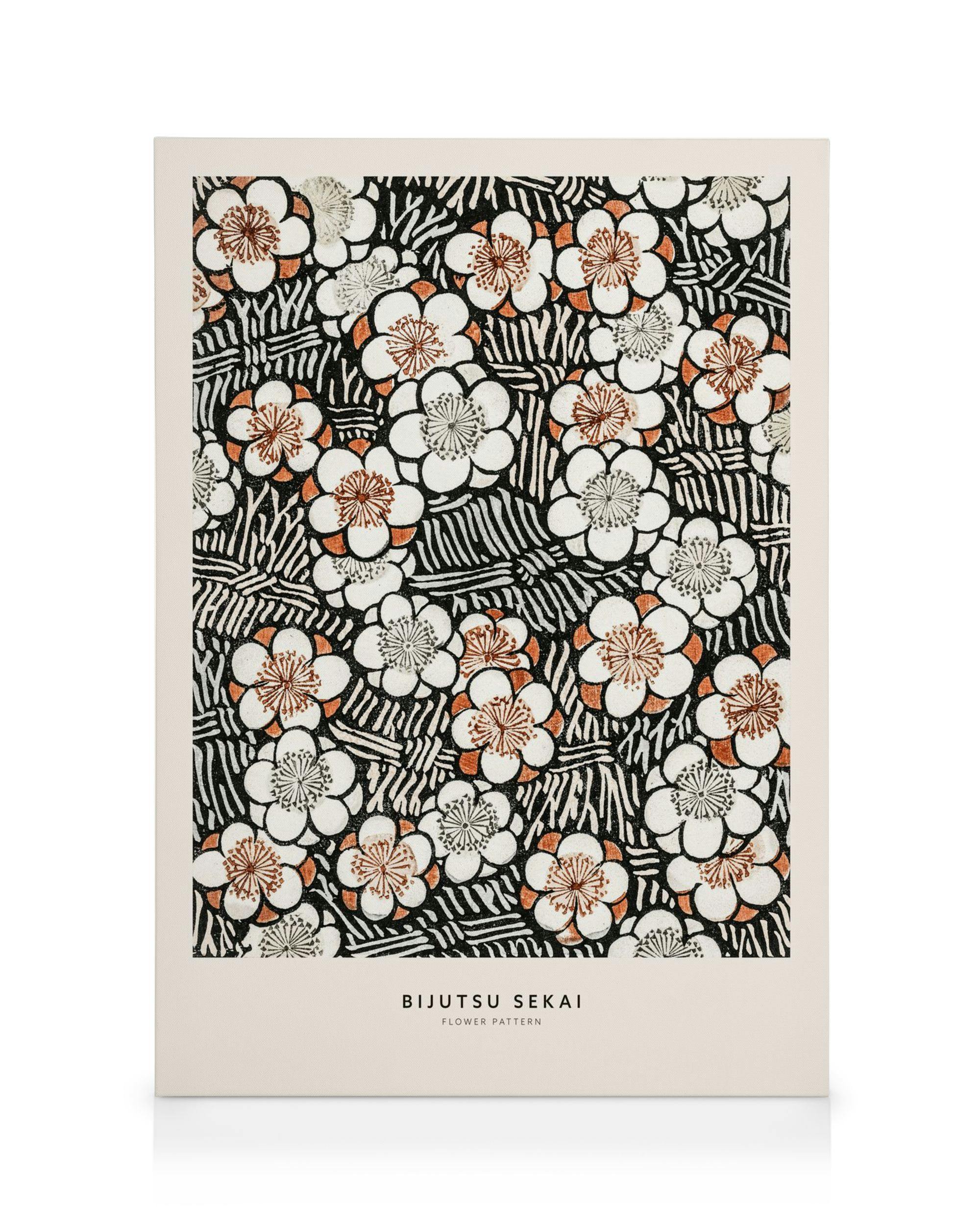 Watanabe Seitei Blumenmuster Leinwand, weisse Blüten mit braunen und grauen Details auf schwarzem Hintergrund mit feinen weissen