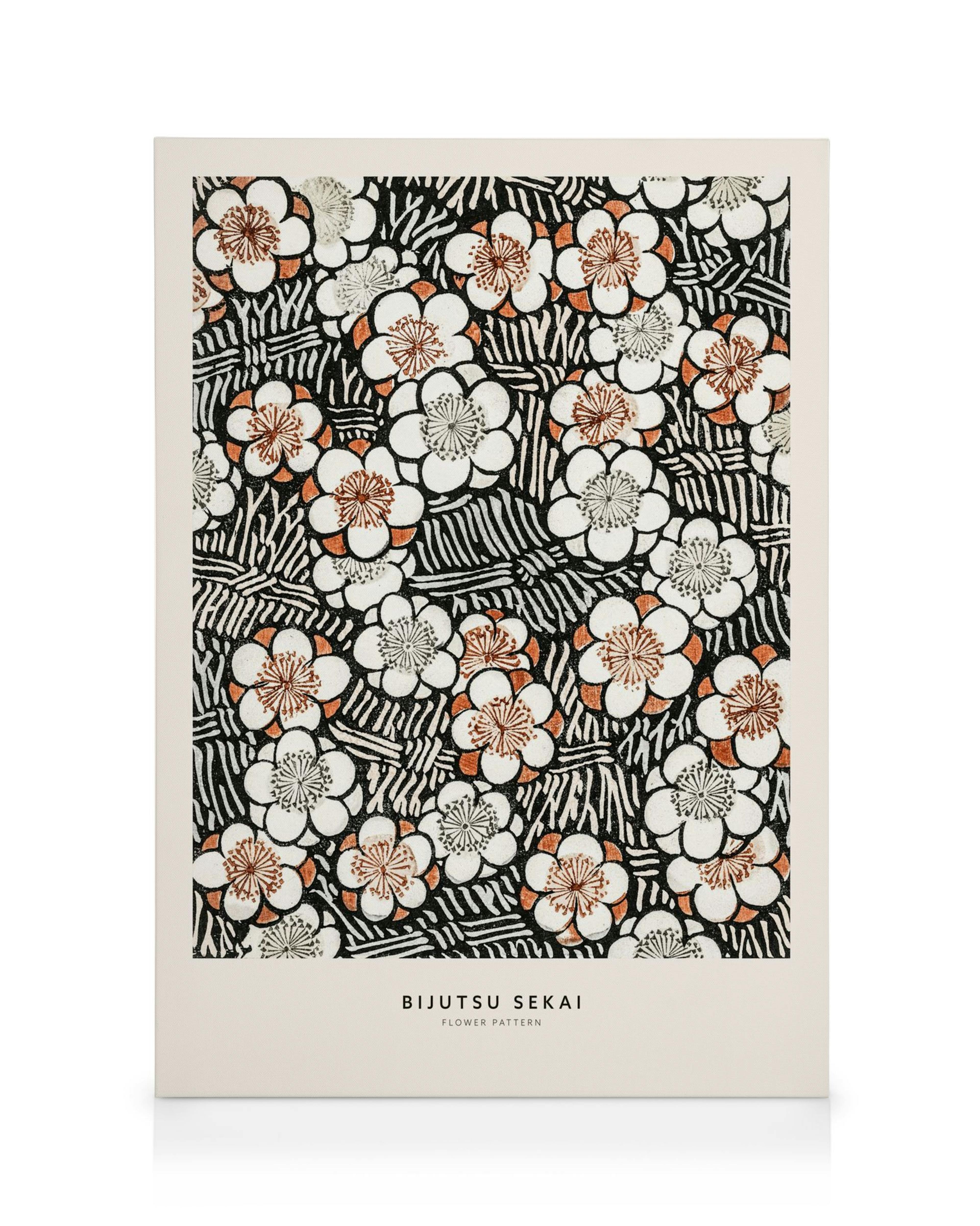 Watanabe Seitei Blumenmuster Leinwand, weisse Blüten mit braunen und grauen Details auf schwarzem Hintergrund mit feinen weissen