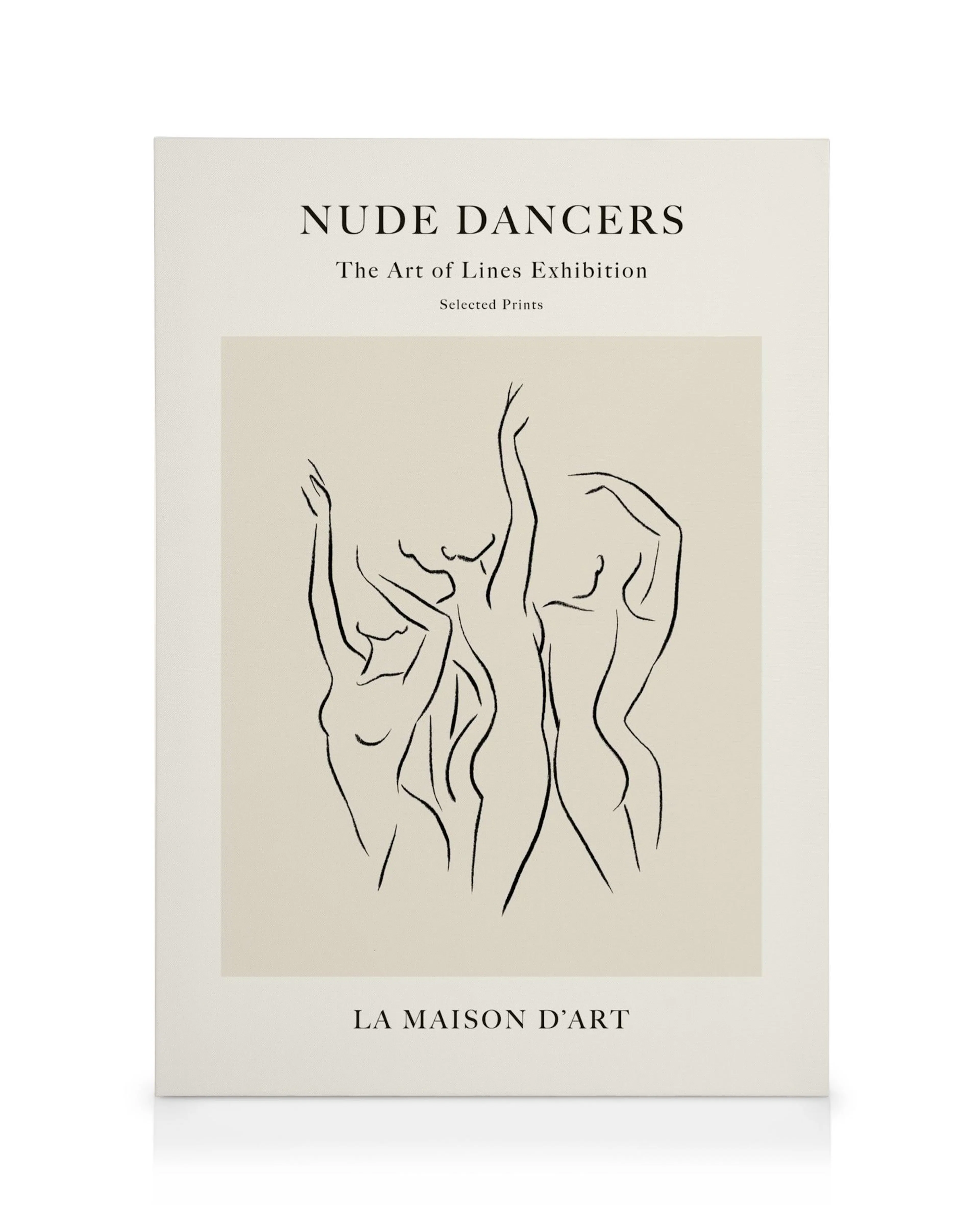 Canvasafdruk van naakte dansers met abstracte zwarte lijnen op een beige achtergrond, kunst aan de muur