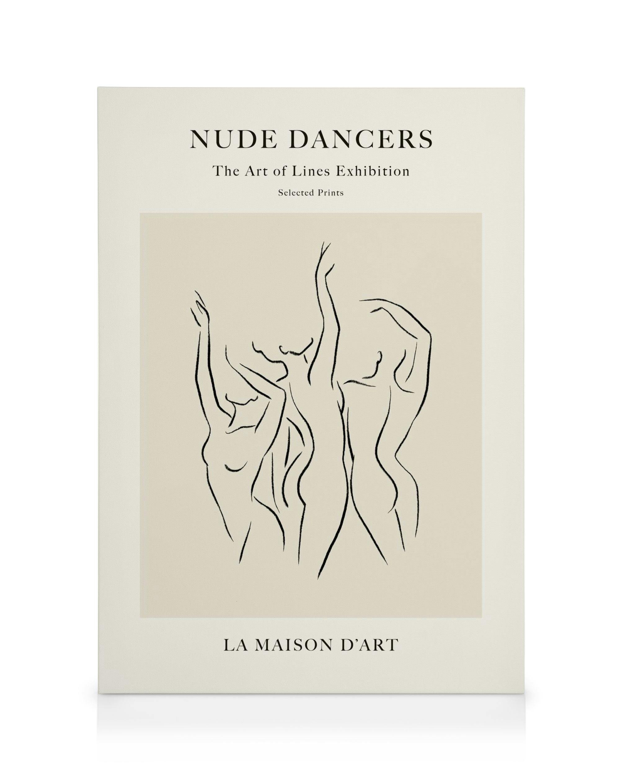 Beige canvas print with black line art of abstract dancing figures, titled Nude Dancers and La Maison Dart.