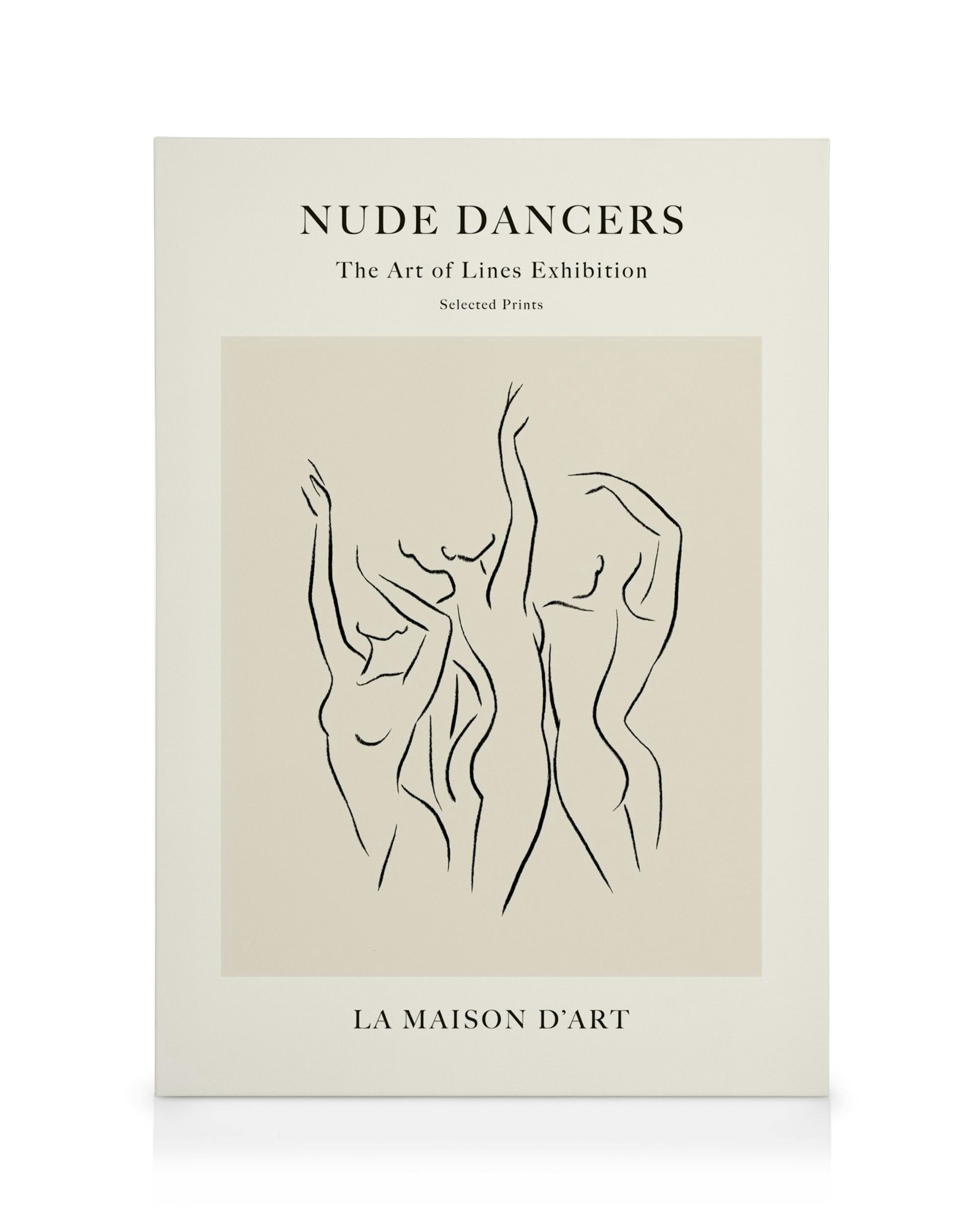 Beige canvas print with black line art of abstract dancing figures, titled Nude Dancers and La Maison Dart.
