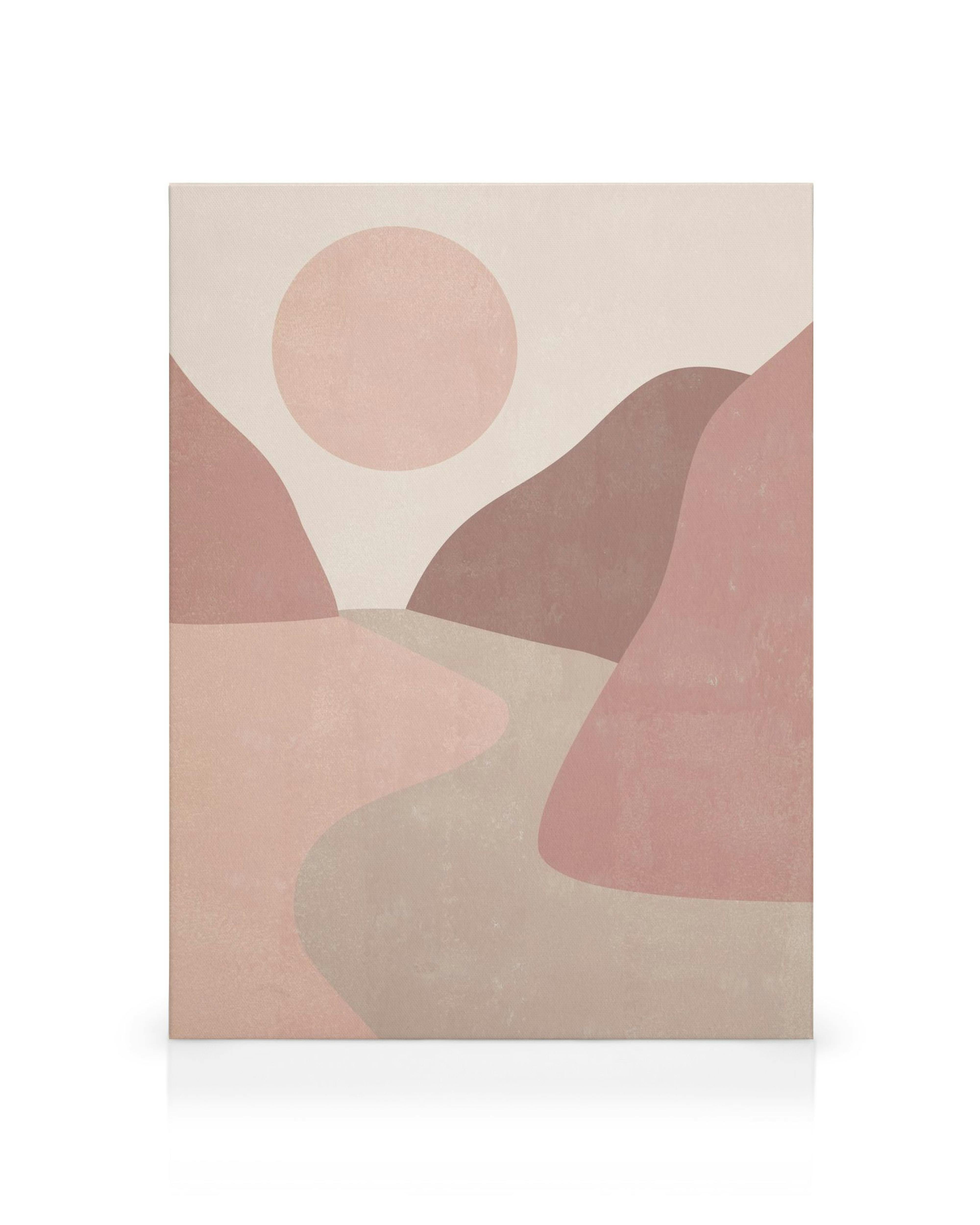 Pintura abstracta de paisaje con sol rosa sobre colinas onduladas y río en tonos pastel, ideal para decoración moderna.