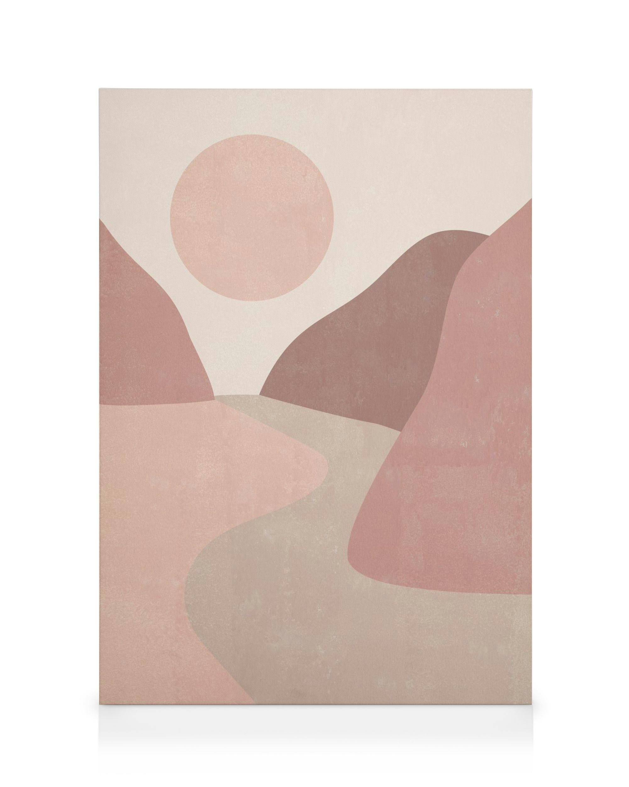 Graphic Landscape No1 canvas print, abstract art with soft pink and brown tones, glowing sun over rolling hills.