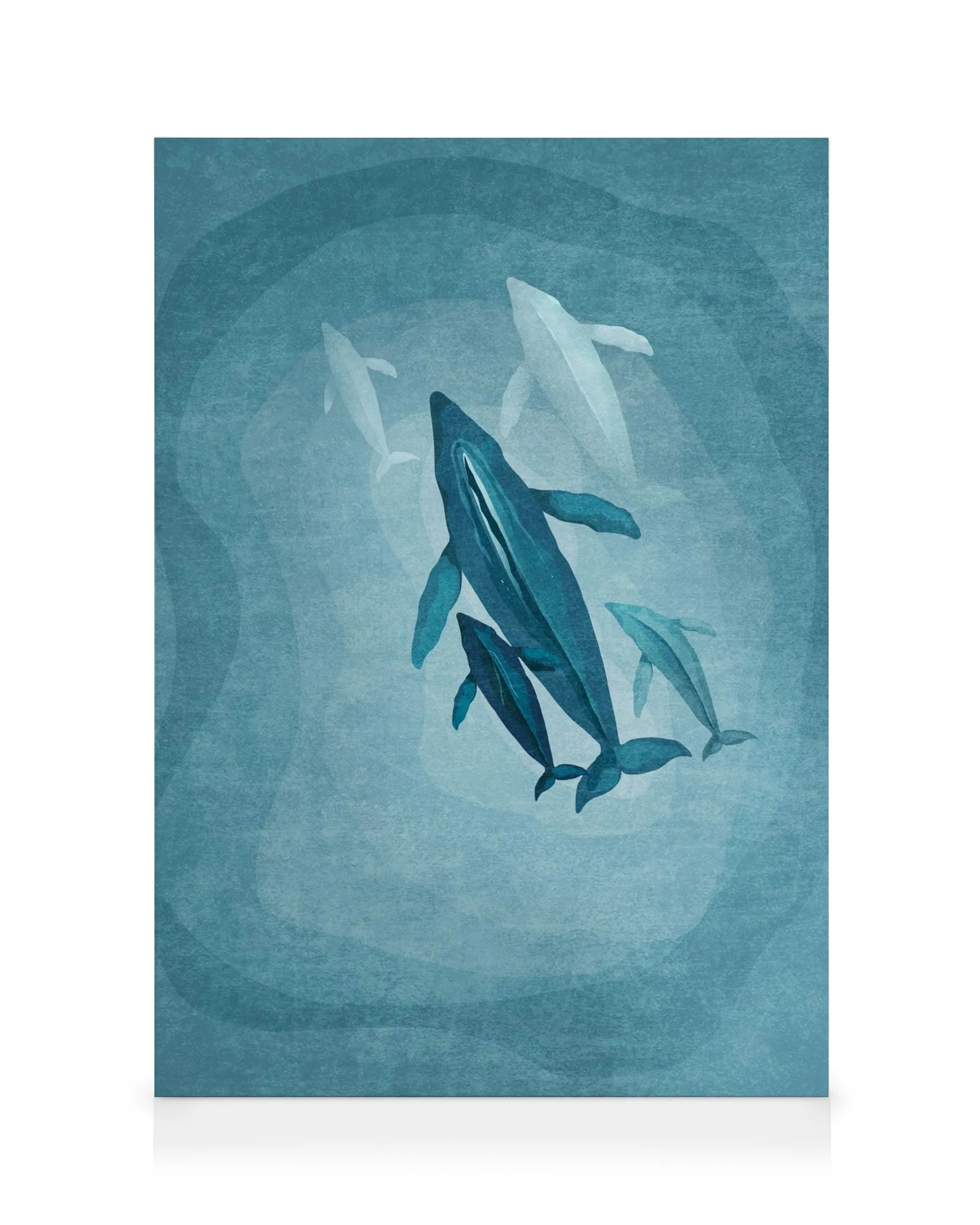 Canvas print of five blue whales in deep turquoise ocean depths, artistic wall decor.
