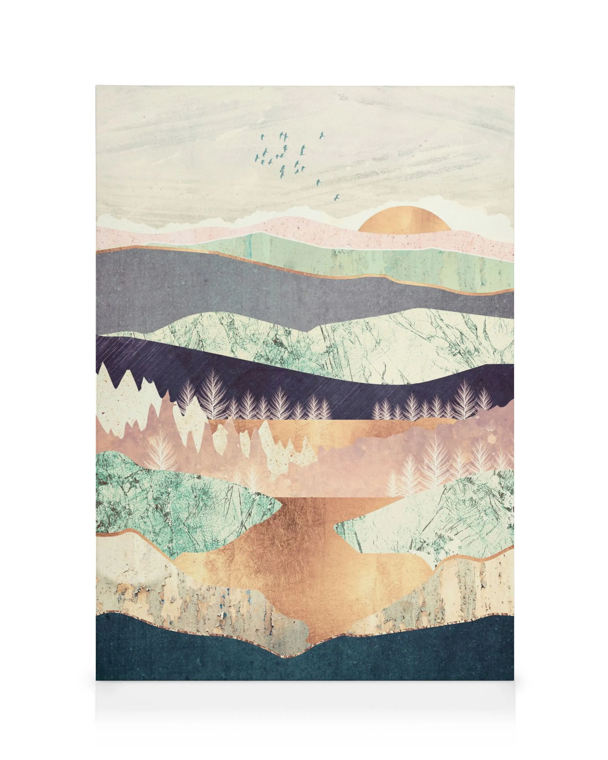 Stampa su tela paesaggio astratto con colline testurizzate rosa, verde, blu e marrone, tramonto riflesso, uccelli