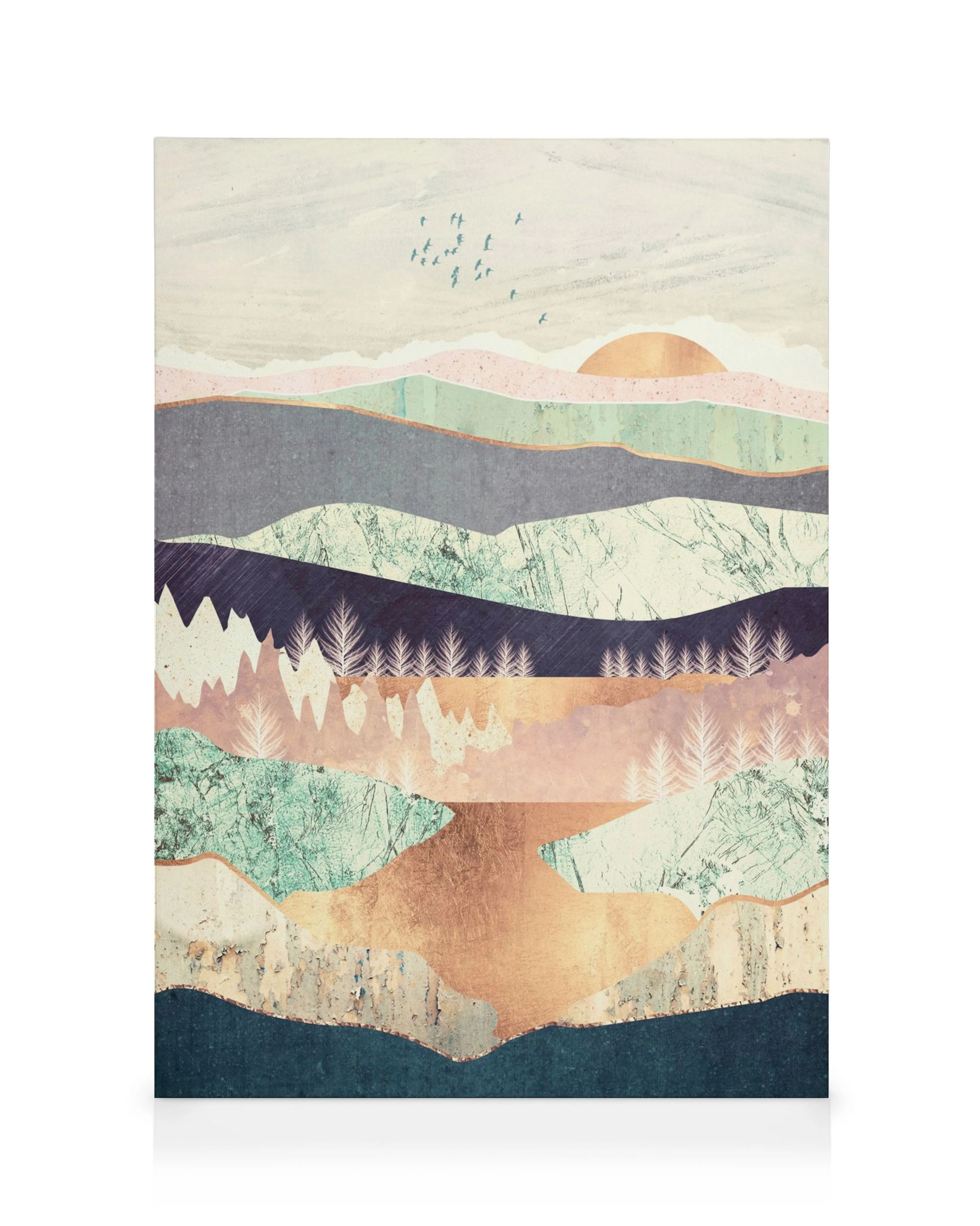 Stampa su tela paesaggio astratto con colline testurizzate rosa, verde, blu e marrone, tramonto riflesso, uccelli