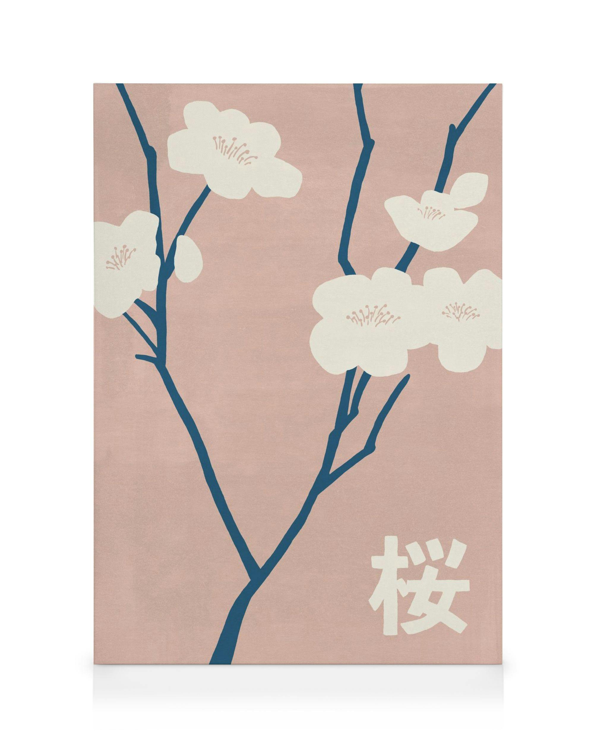 Leinwand mit japanischem Kirschblütenzweig, weisse Blüten auf rosafarbenem Hintergrund, japanisches Schriftzeichen