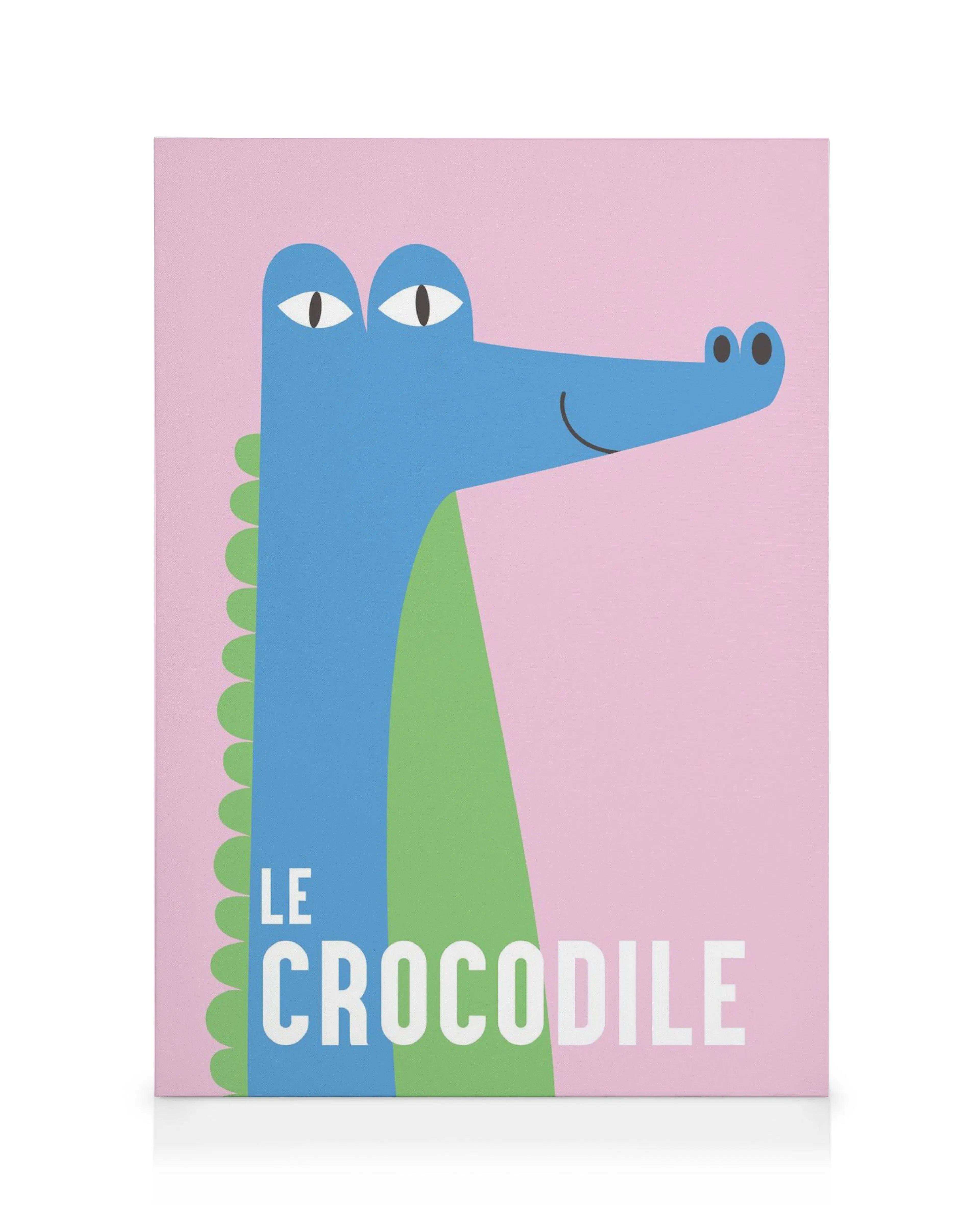 Lærred med illustreret blå krokodille, grøn ryg og lyserød baggrund. Teksten LE CROCODILE er hvid.
