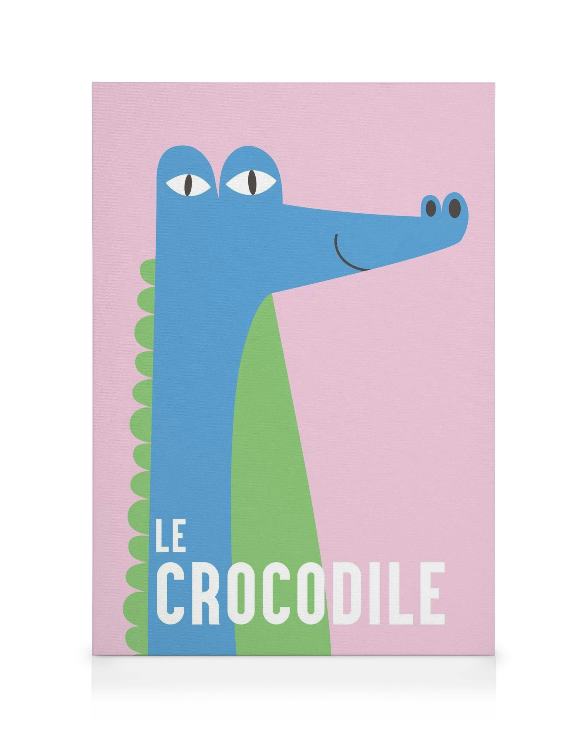Le Crocodile canvas print, featuring a stylized blue crocodile with white eyes and green belly on a pink background, ideal for a