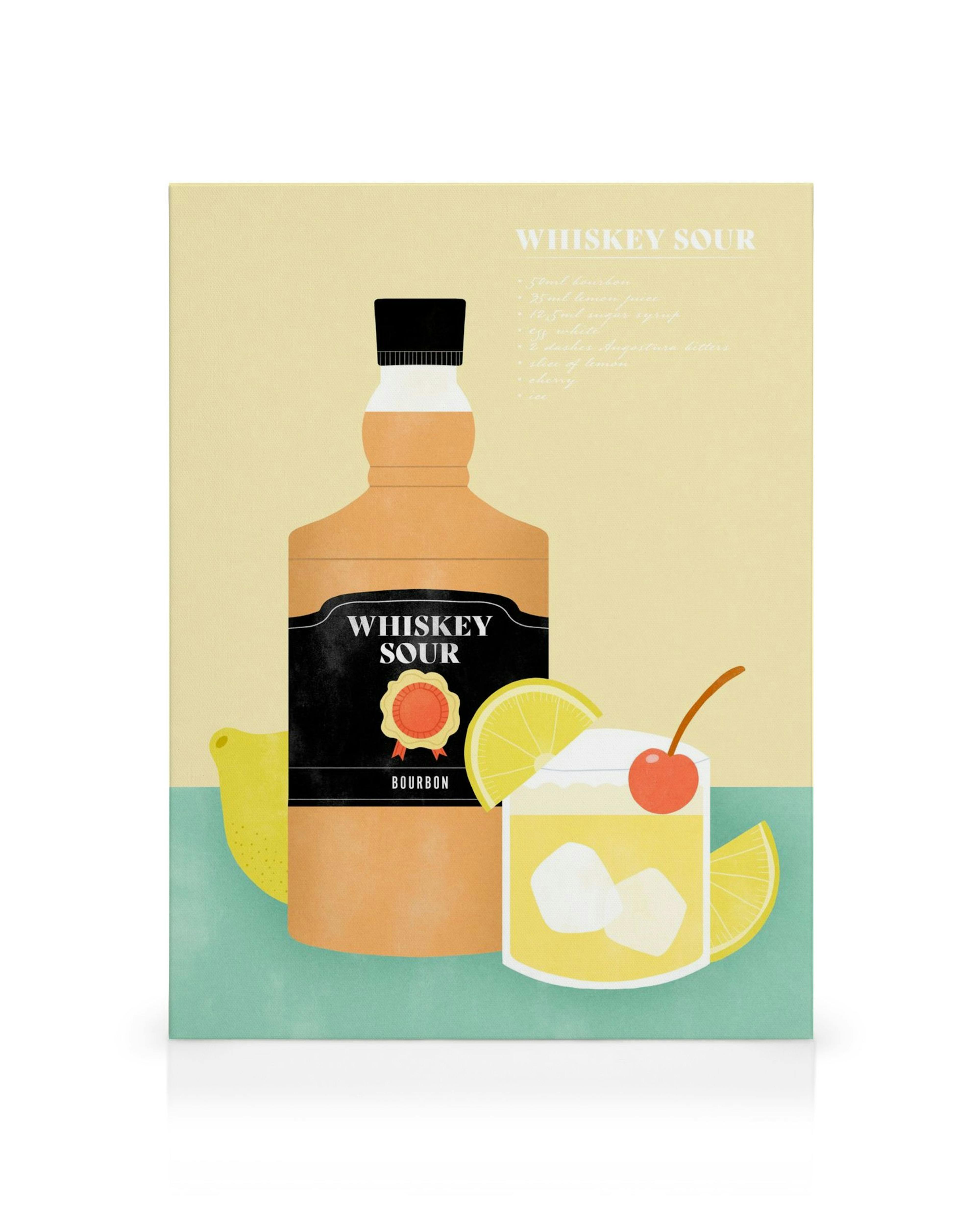 Illustrazione di ricetta Whiskey Sour su tela, con bottiglia di whiskey, bicchiere, limone e ciliegia.