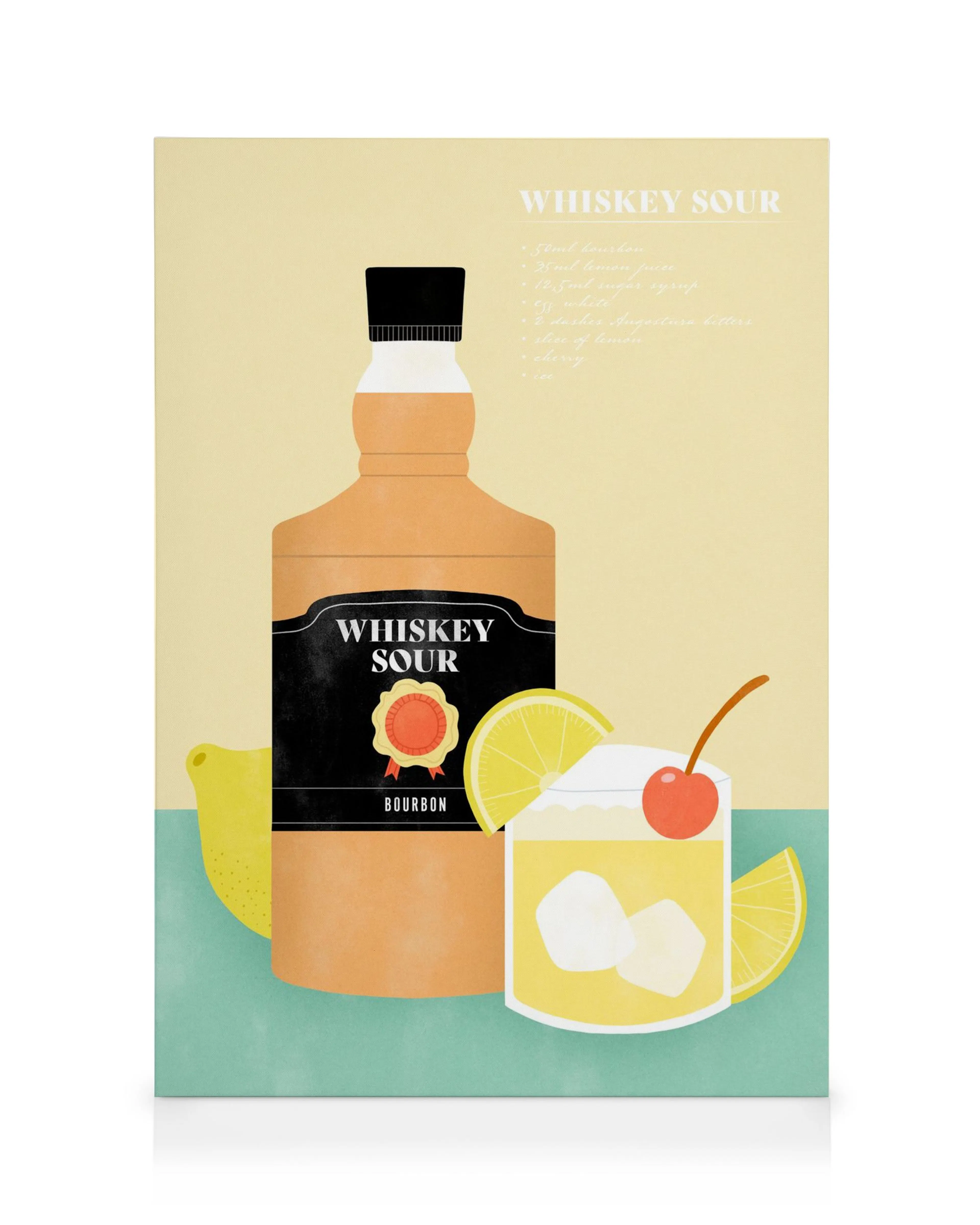 Whiskey Sour illustration lærred med flaske, cocktailglas, citron og kirsebær. Opskriftstekst i hvid.