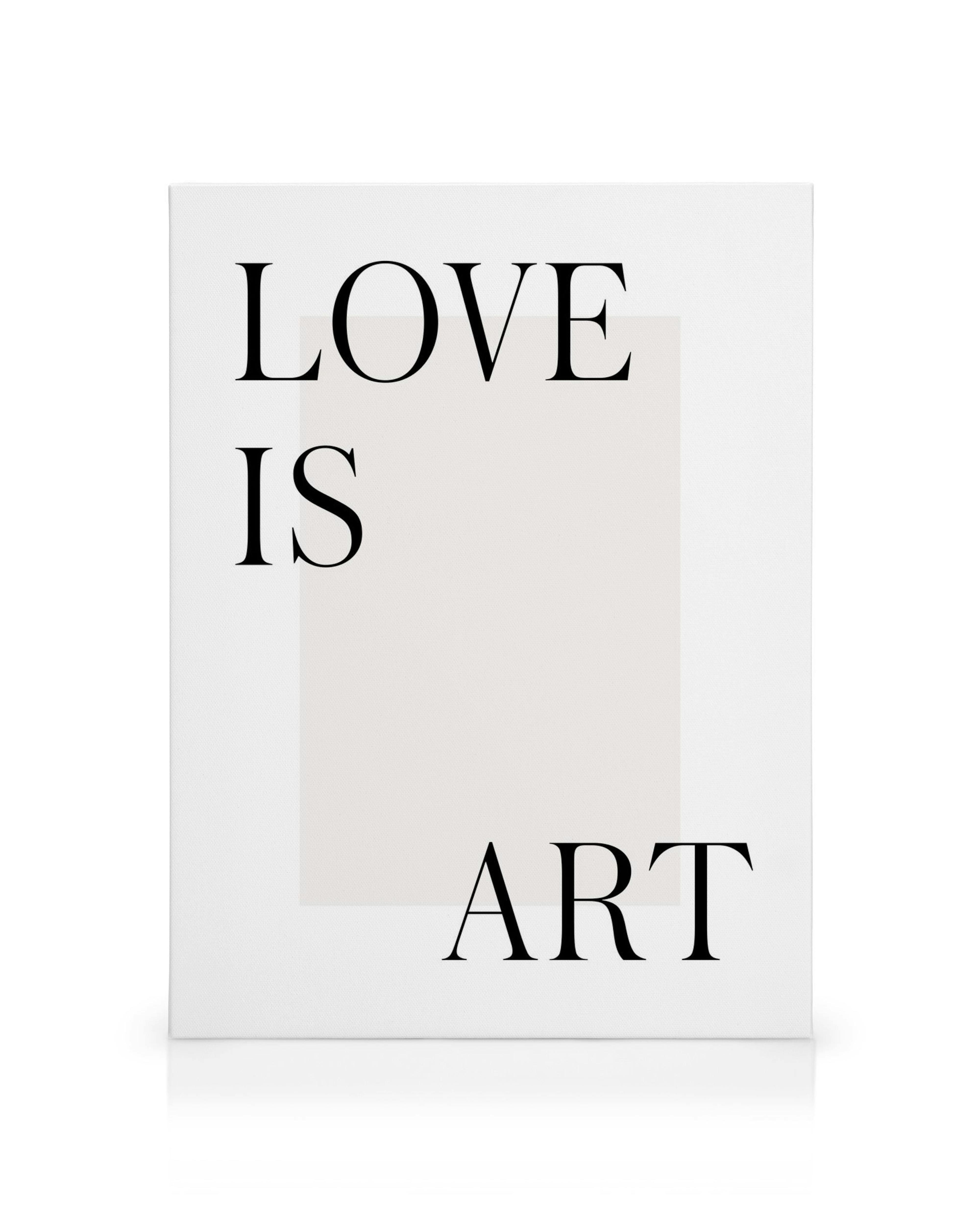 Hvit lerret med grå firkant og svart teksten LOVE IS ART i moderne, minimalistisk stil.