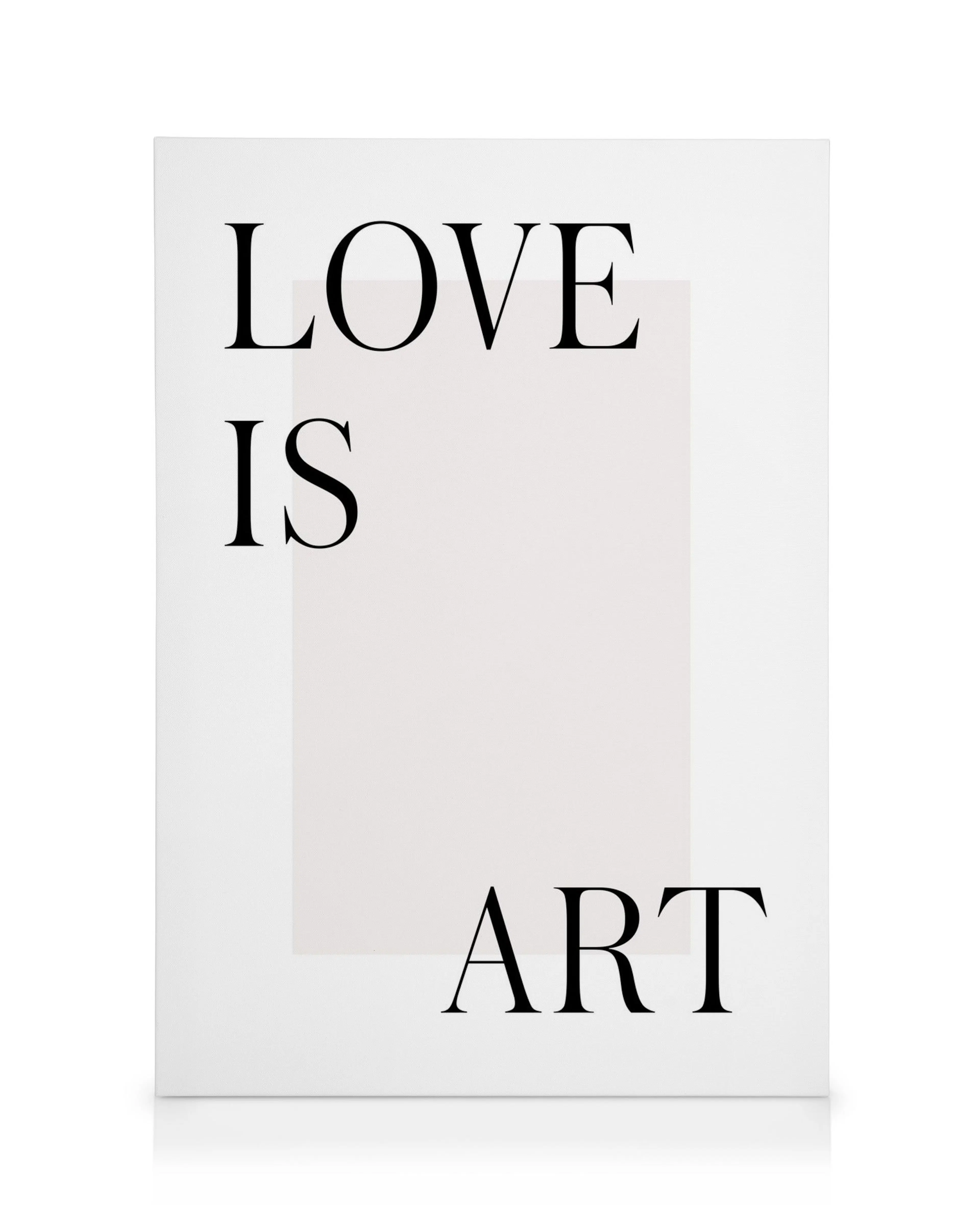 Obraz na plátne Love is Art, biele pozadie s čiernym textom, moderný štýl.