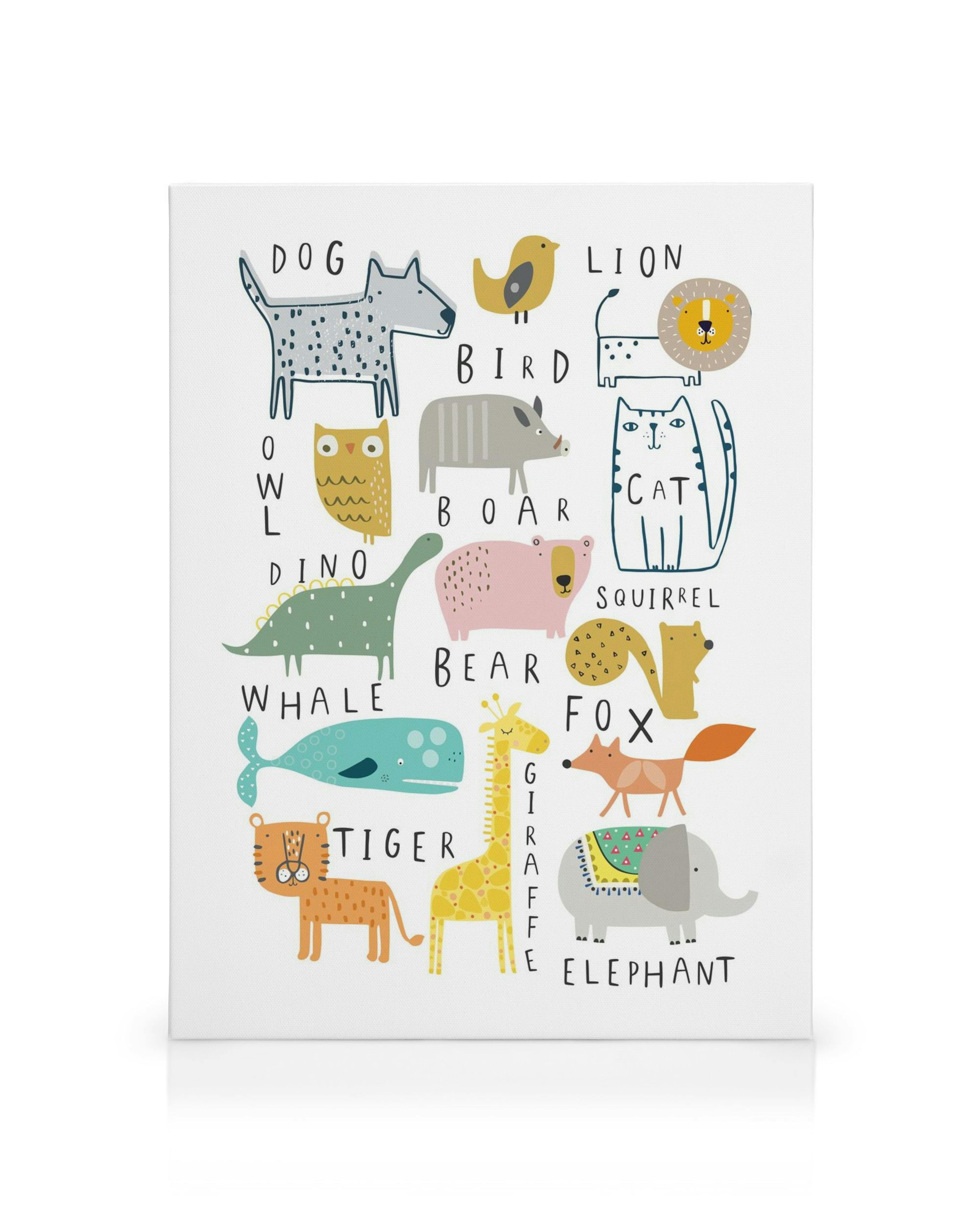 Canvas met kleurrijke, speelse illustraties van diverse dieren zoals een leeuw, olifant en tijger, ideaal voor de kinderkamer.