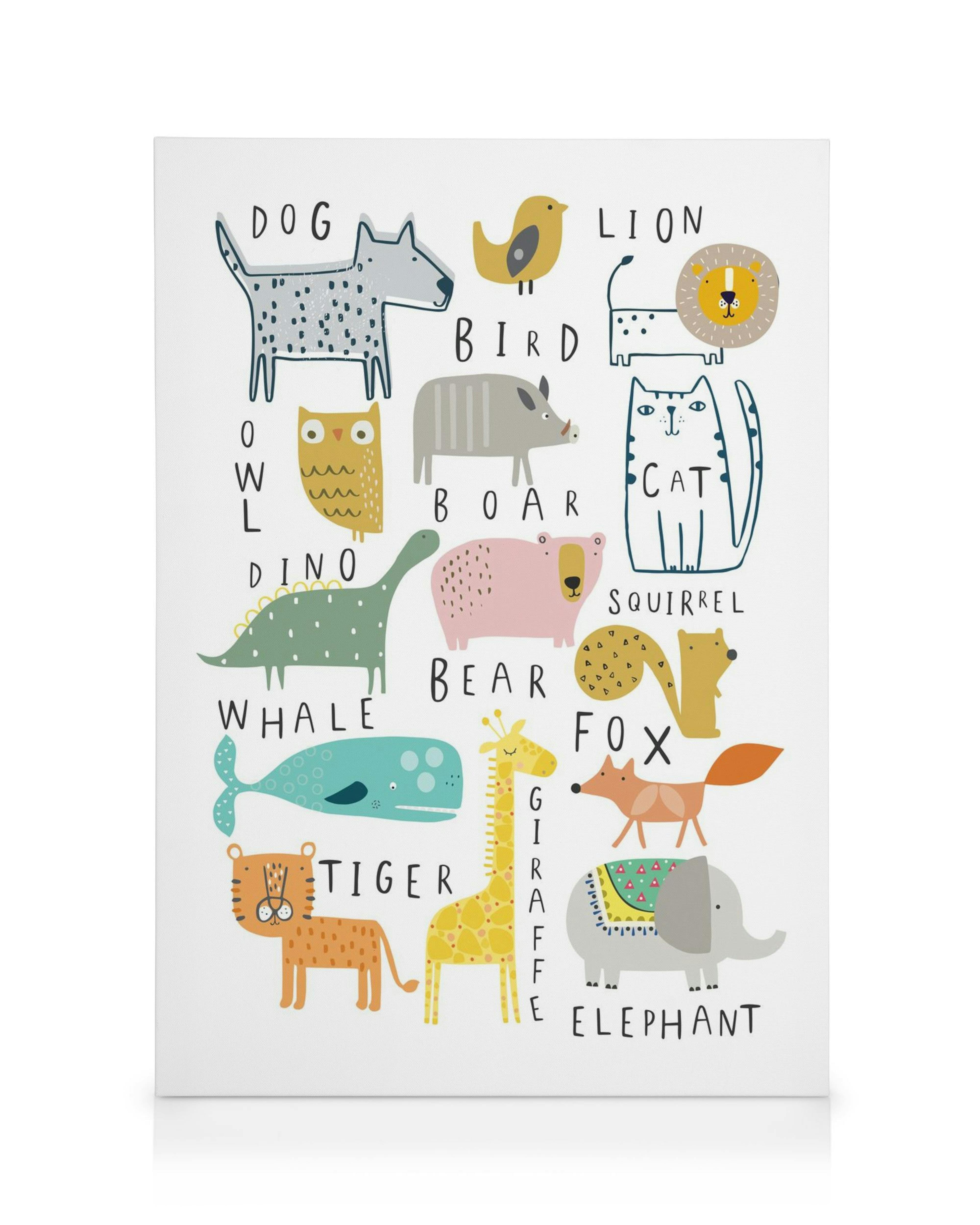 Καμβάς με παιδική ζωγραφική ζώων: σκύλος, γάτα, ελέφαντας, καμηλοπάρδαλη, αλεπού, φάλαινα.