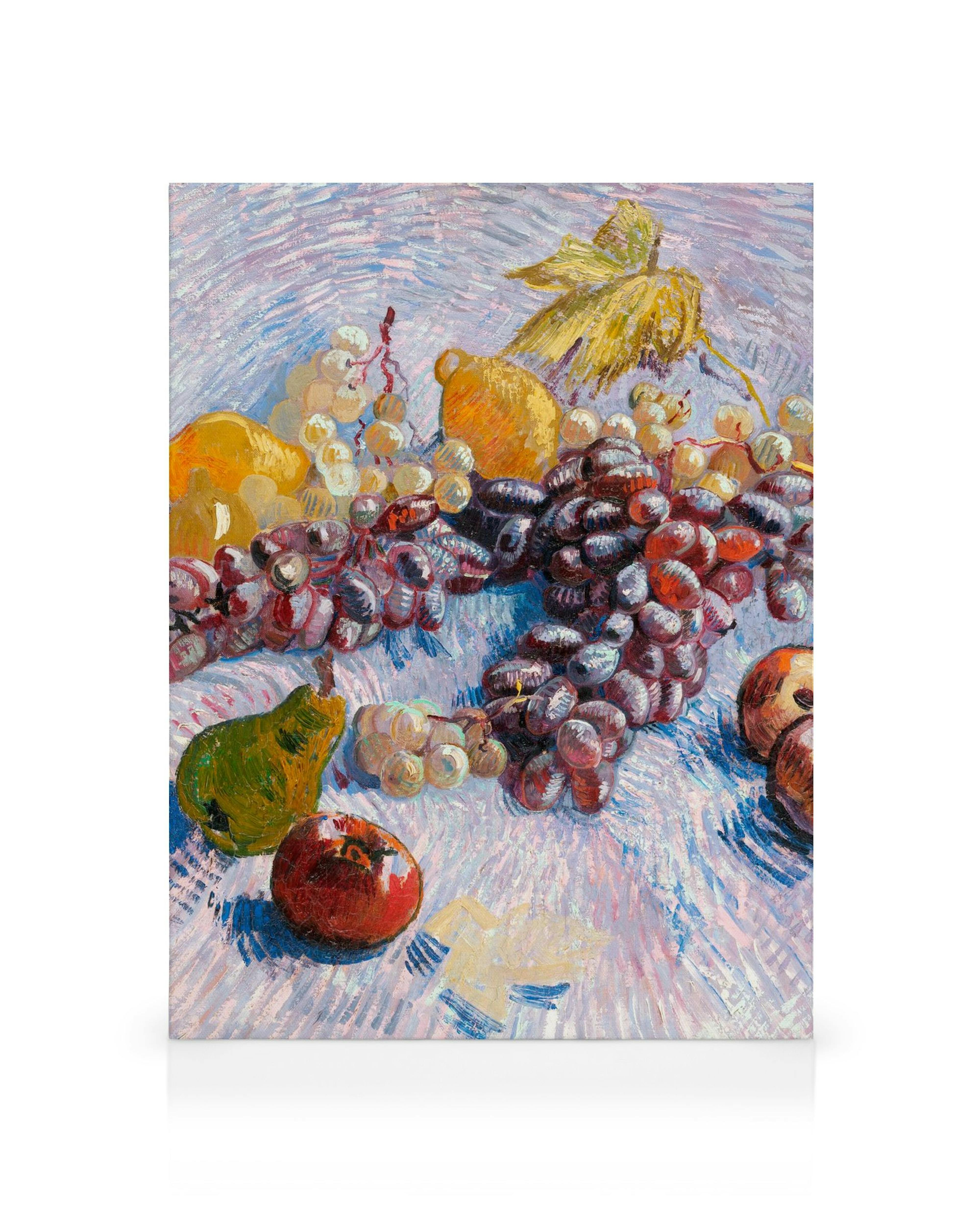 Van Gogh - Grapes, Lemons, Pears, and Apples kanvaasi. Ekspressiivinen asetelma hedelmistä, paksut siveltimenvedot.