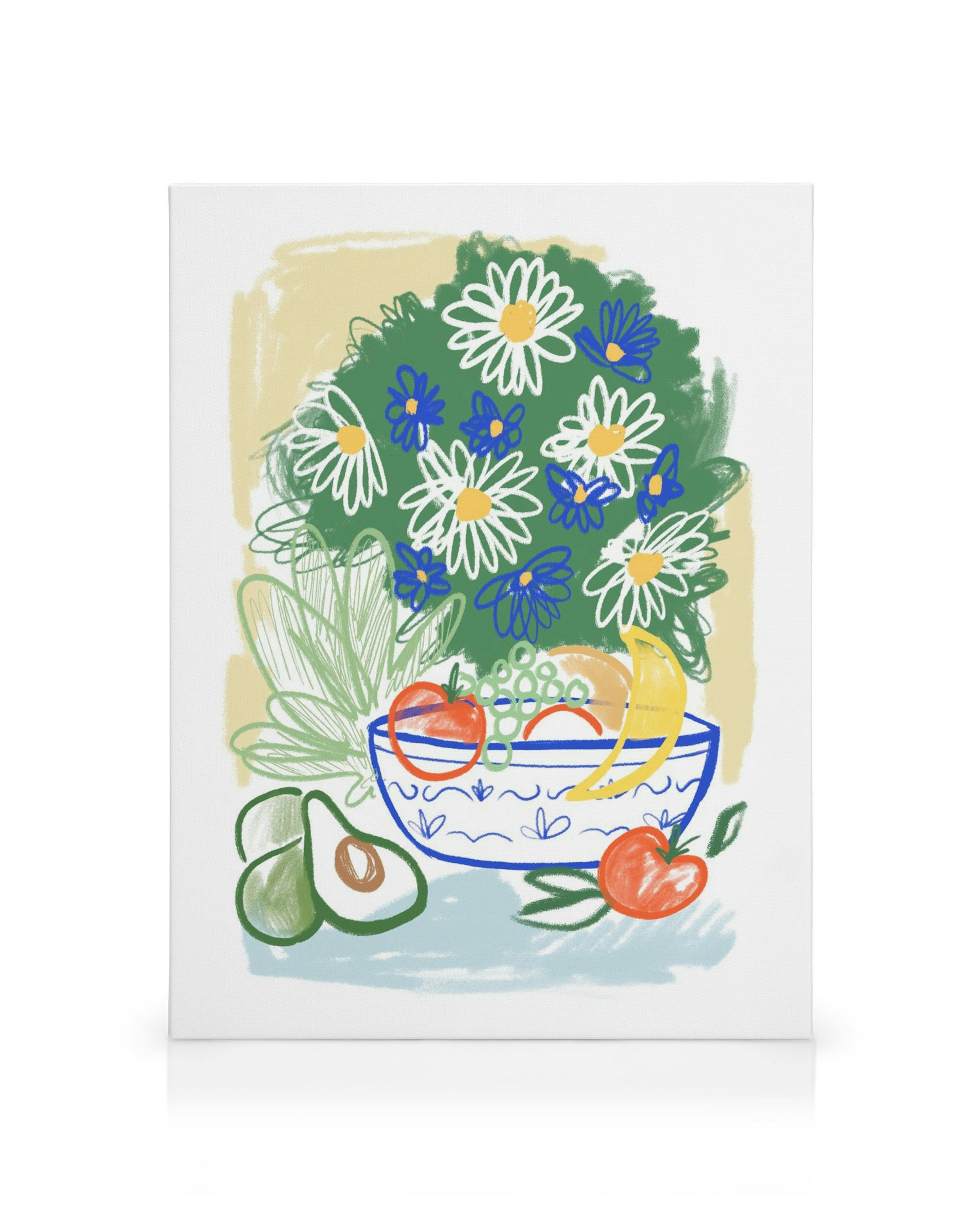 Kolorowy obraz na płótnie z misą owoców, kwiatami i liśćmi, idealny do kuchni, jadalni.