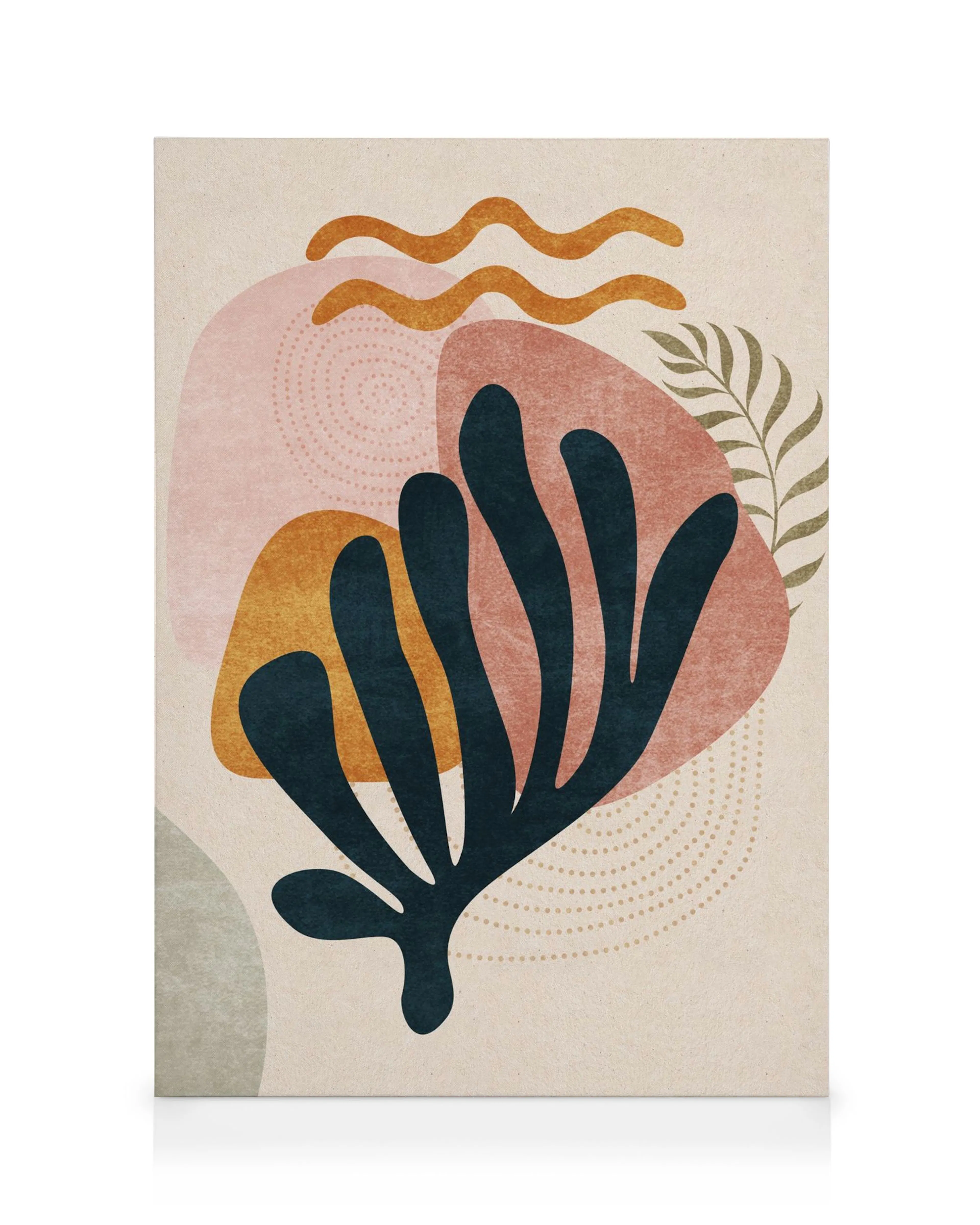 Abstract canvas met zwart blad en oranje/roze vormen, beige achtergrond met golven en stippen.