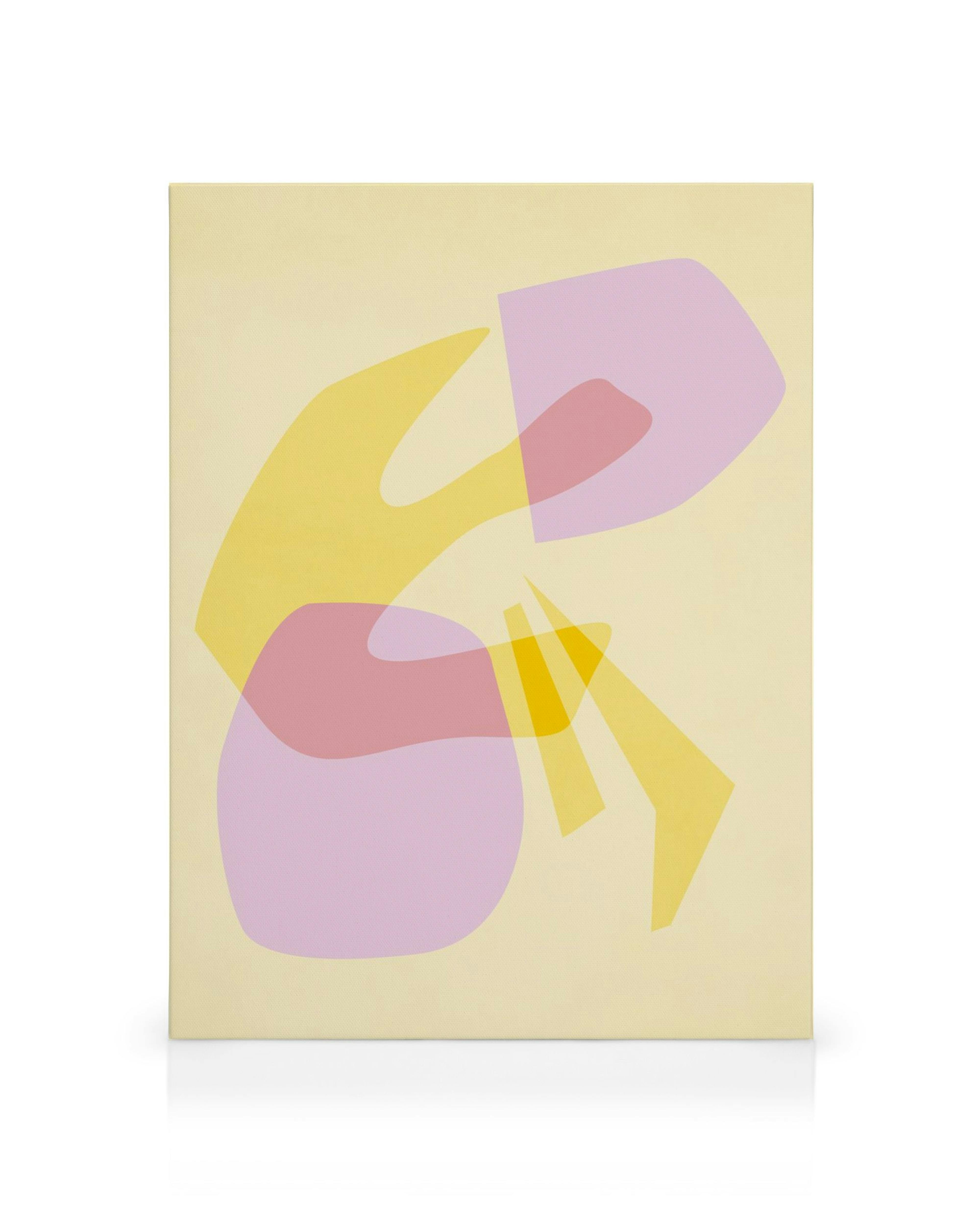 Collage Art No1 Leinwand, beige Hintergrund mit gelben und violetten organischen Formen, teils transparent überlappend.