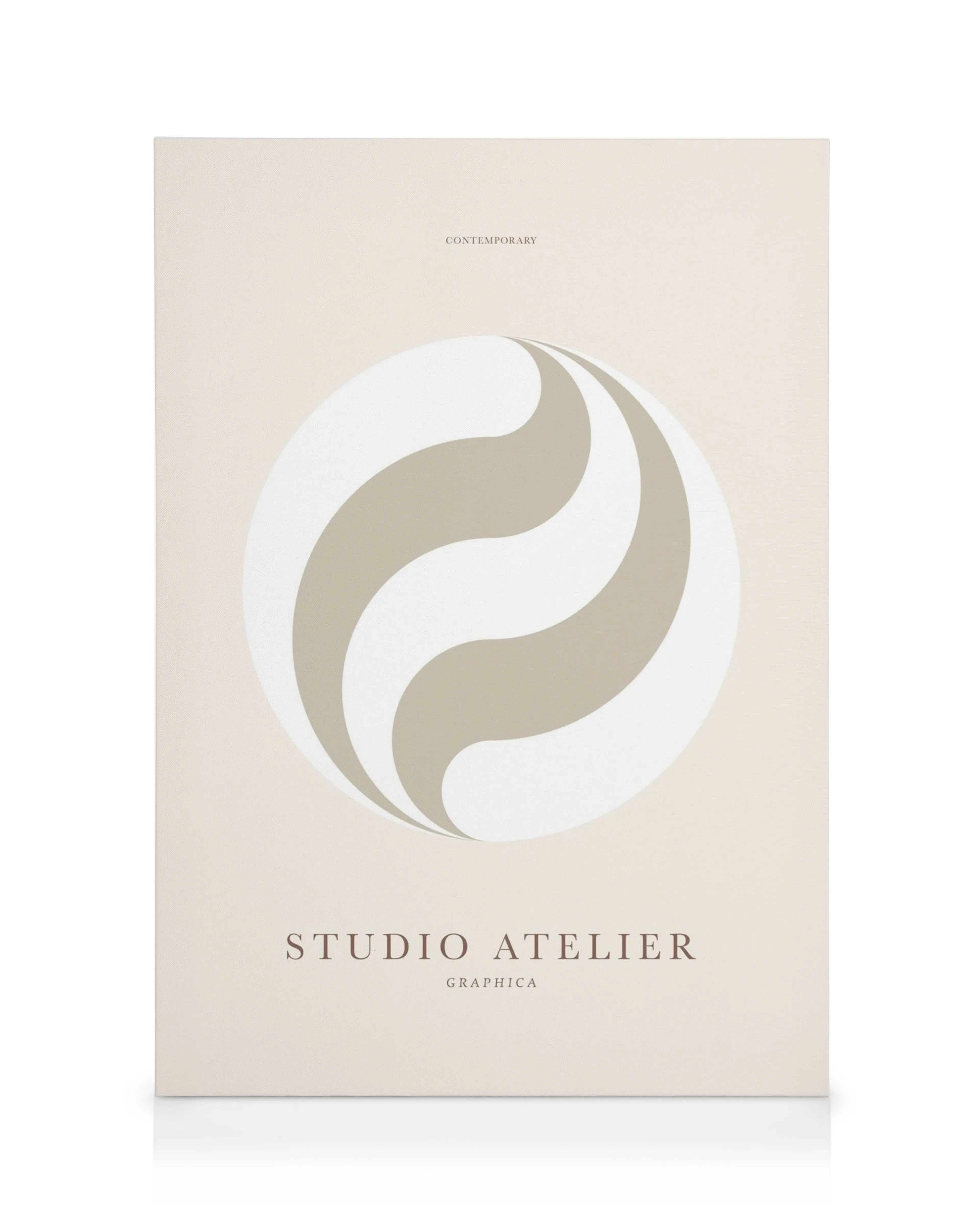 Canvas print with white and grey swirling globe pattern on a beige background, perfect for a modern home.