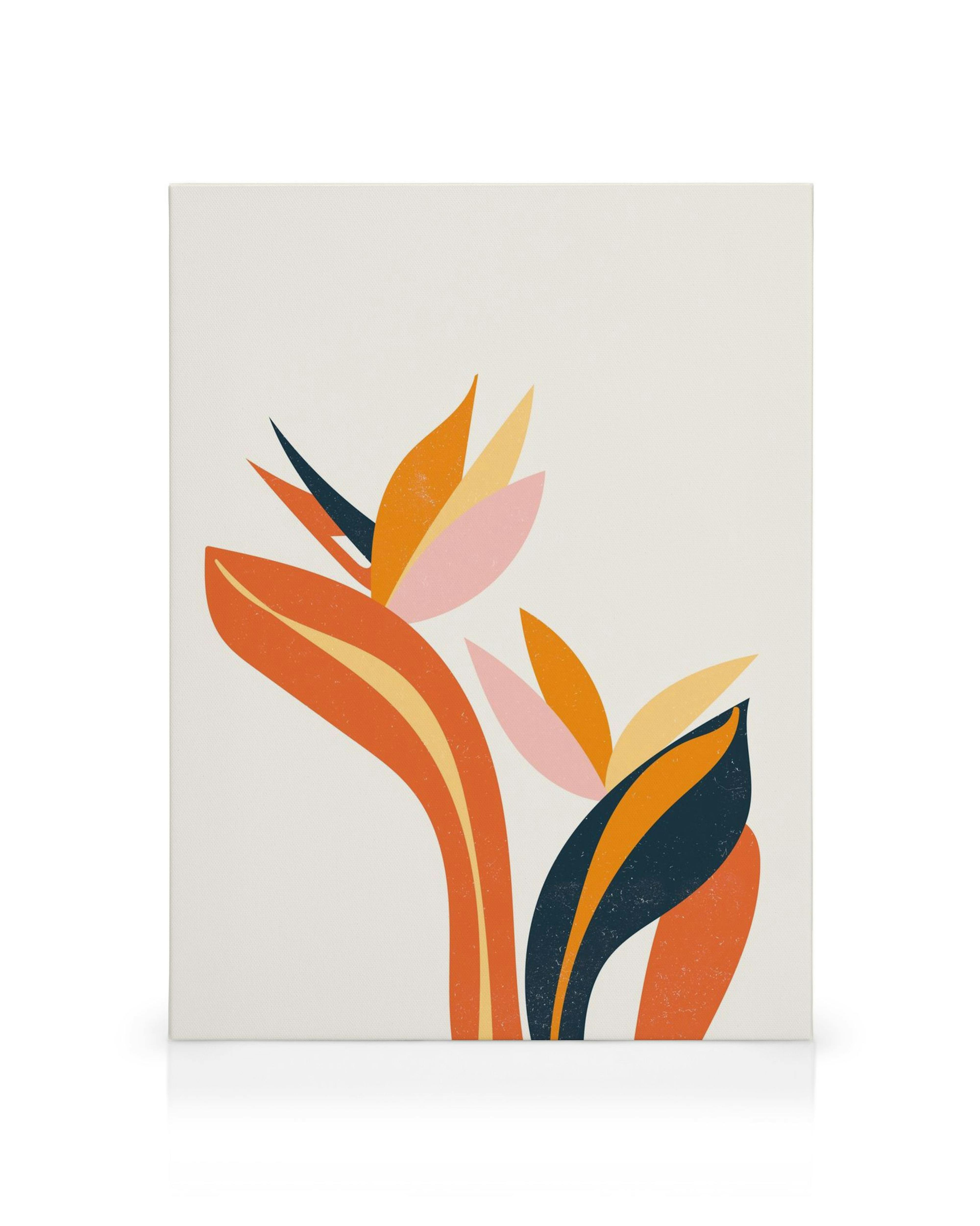Le Jardin No6 canvas print, featuring stylized bird of paradise flowers in orange, pink, yellow, and navy on a cream background.
