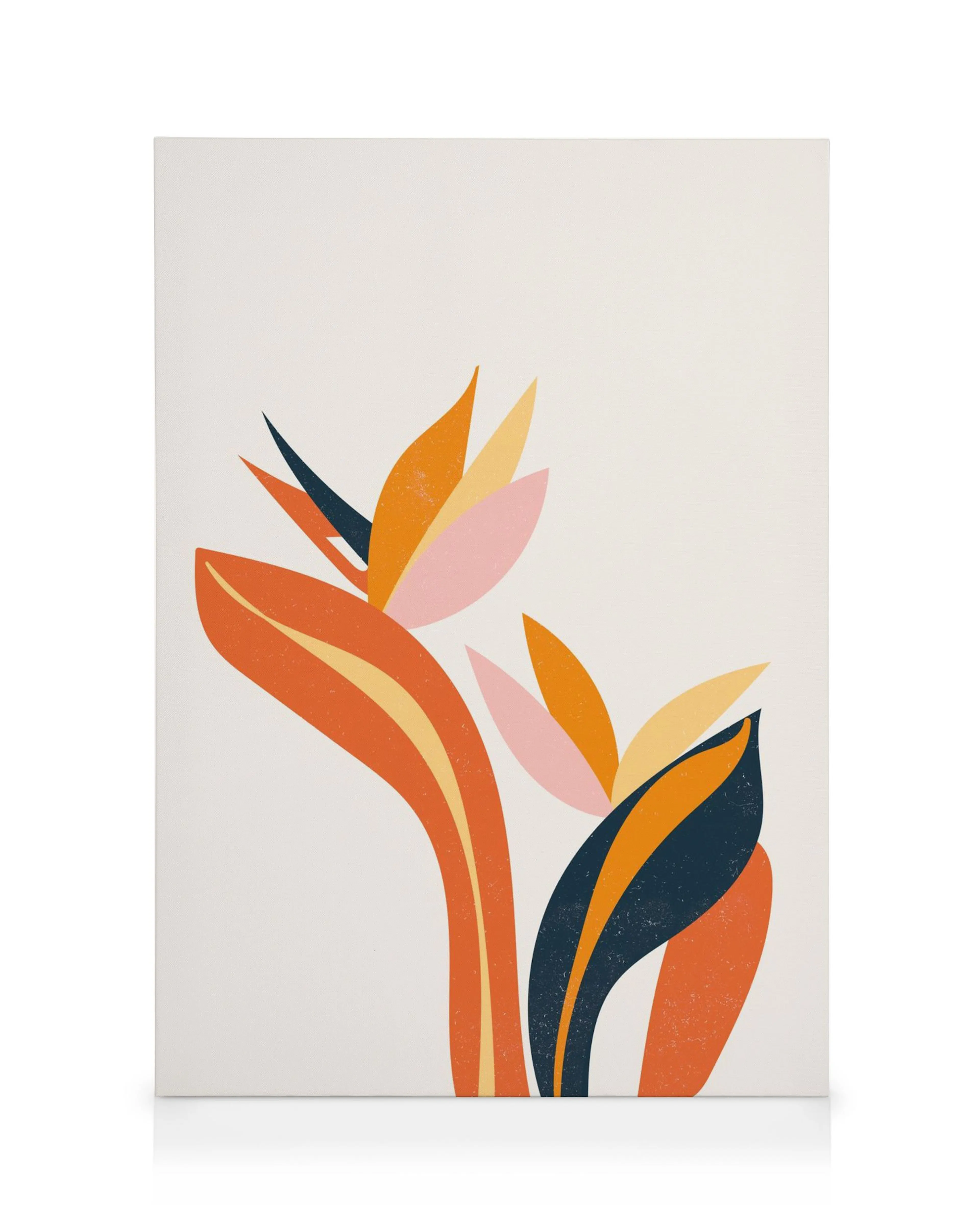 Abstrakt blommig canvastavla med stiliserade blommor i orange, rosa och mörkblått på ljusbeige bakgrund.