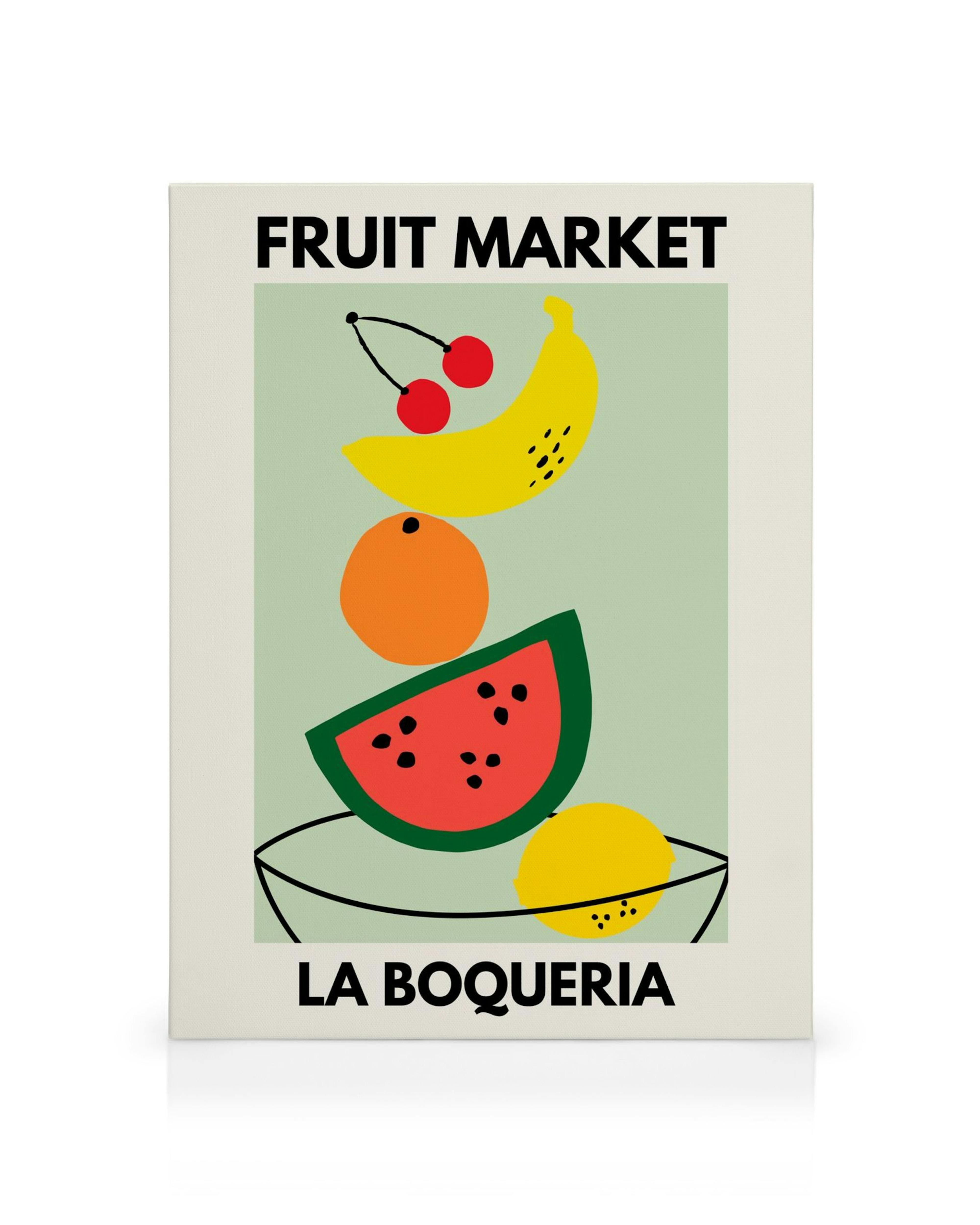 Obraz na płótnie La Boqueria z kolorowymi owocami: wiśniami, bananem, pomarańczą, arbuzem i cytryną na jasnozielonym tle.