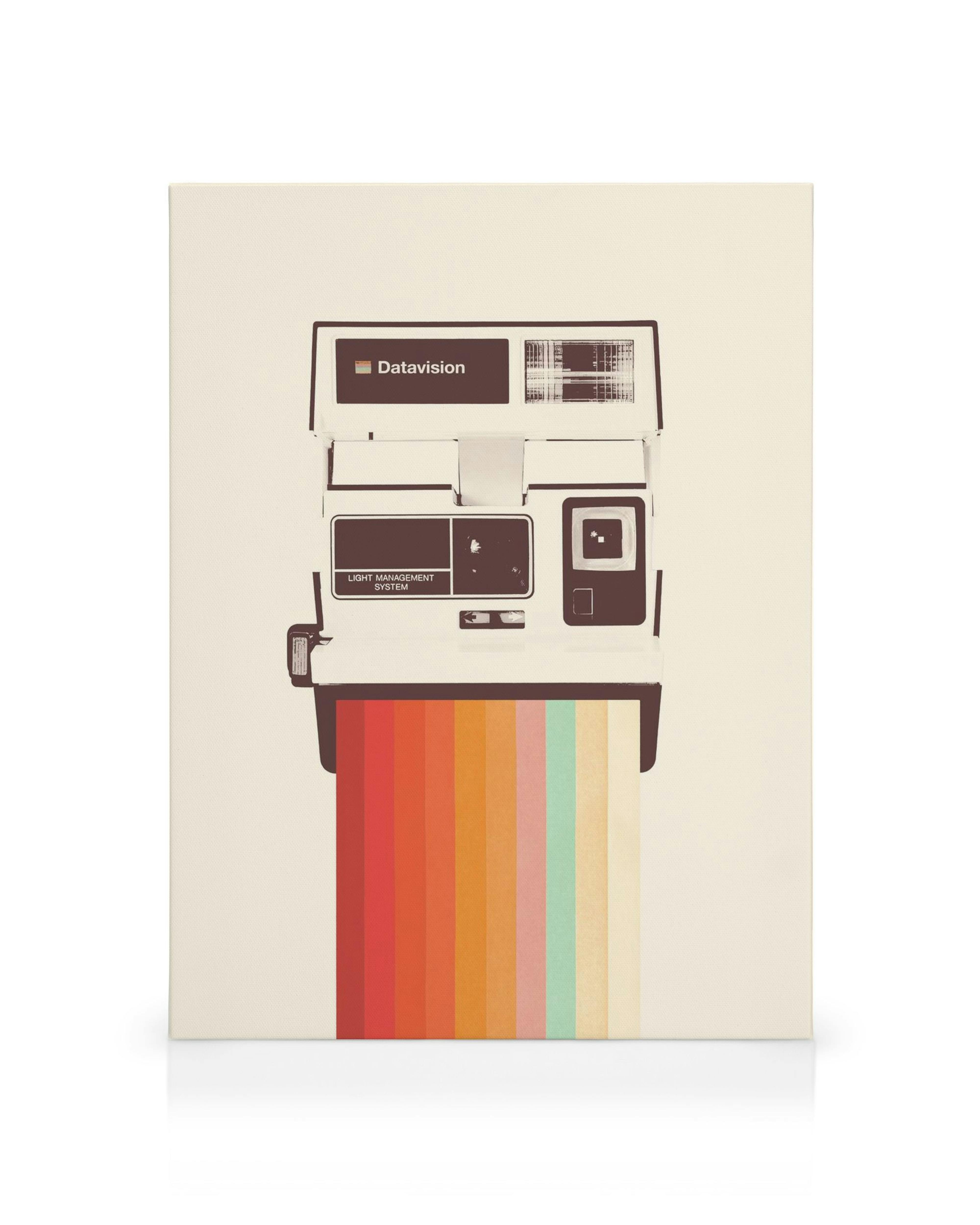 Obraz na płótnie z retro aparatem natychmiastowym i kolorowymi paskami, stylizowany kolaż